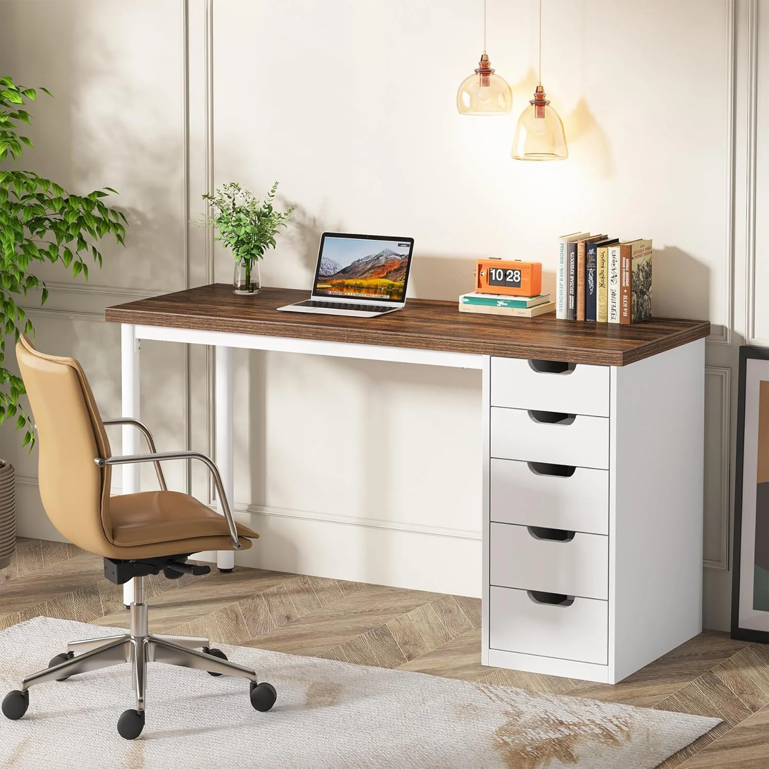 47 inches Vanity Desk with 5 Drawers, Rustic Makeup Dressing Table with Storage, Modern Simple Computer Desk for Women, Girls (Brown)(Brown) - Image 6