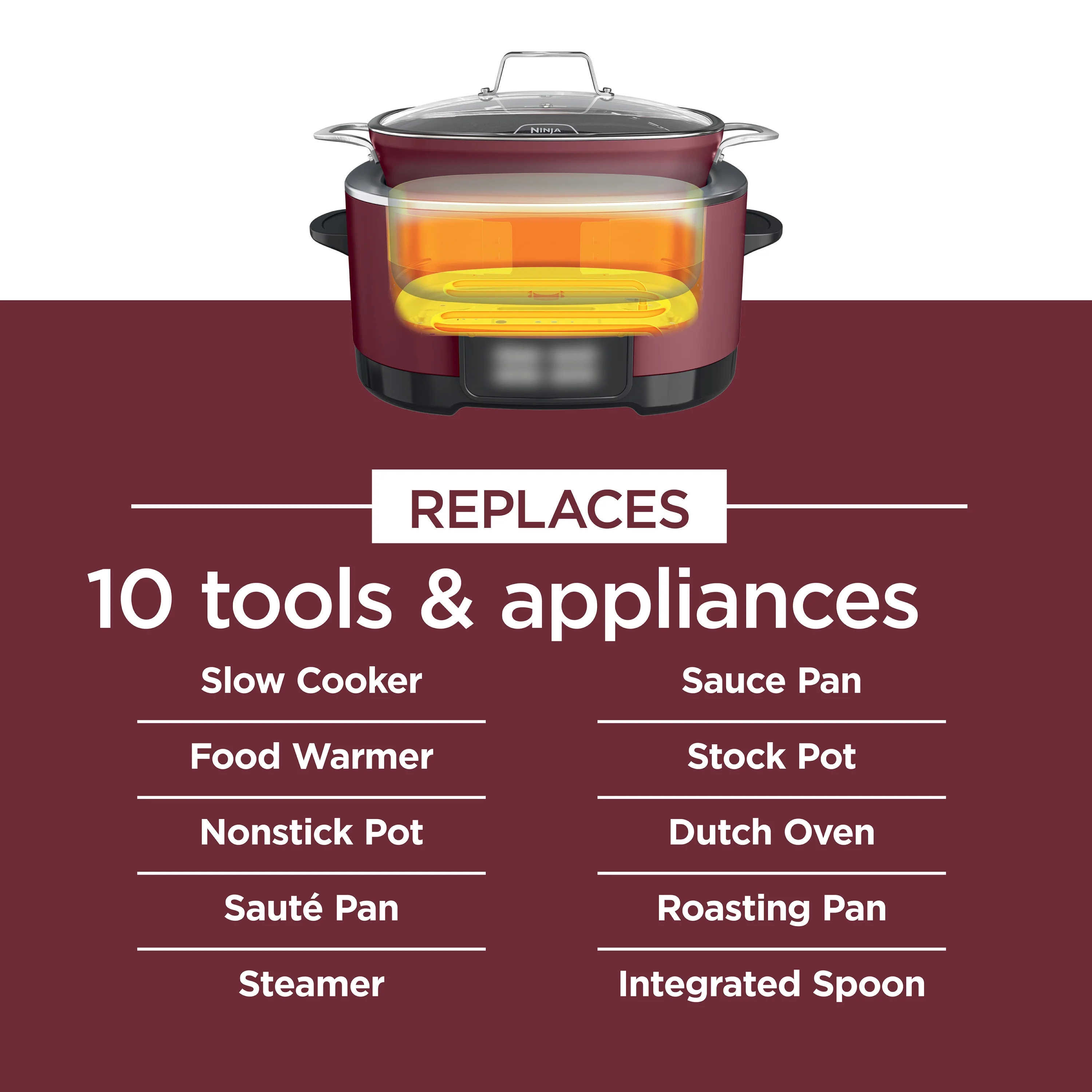 Ninja Foodi Possible Cooker, 8.5 Quart, 6 - in - 1 Multi - Cooker, Slow Cooker, Steamer, Glass Lid Integrated Cooking Utensil, Nonstick, Oven Safe Pot to 500°f, Cherry Tarte, MC1000WM