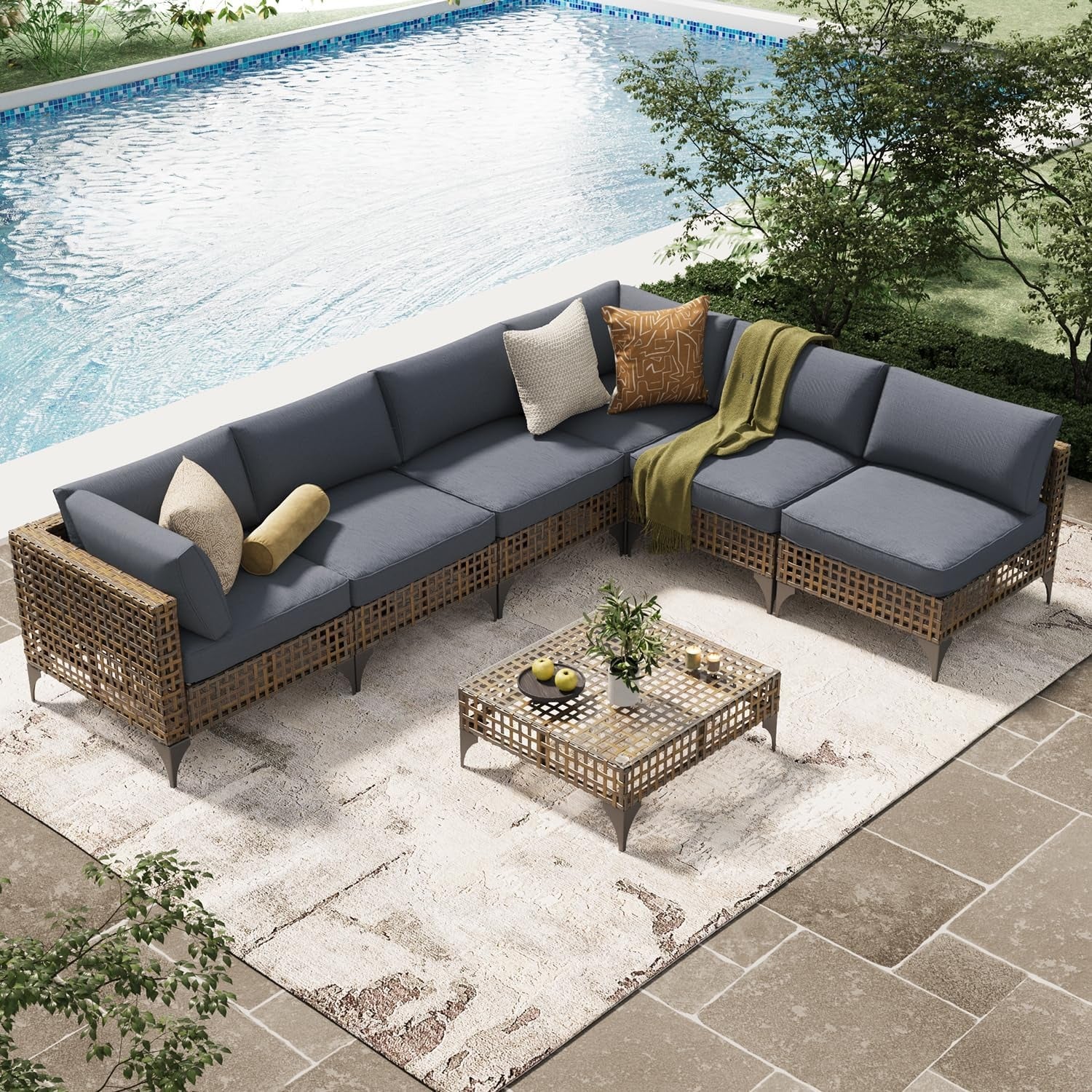 AECOJOY 7-Piece Patio Outdoor Furniture Set, Boho Outdoor Sectional Set, Dark Brown&Dark Grey