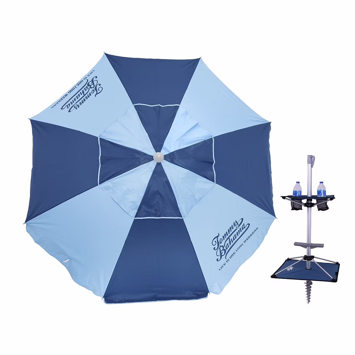 7 ft Fiberglass Beach Umbrella for Sand with Folding Anchor Base, Integrated Table, Telescopic Aluminum Pole, UPF 50+, Tilt(Dark Blue / Light Blue Panels)