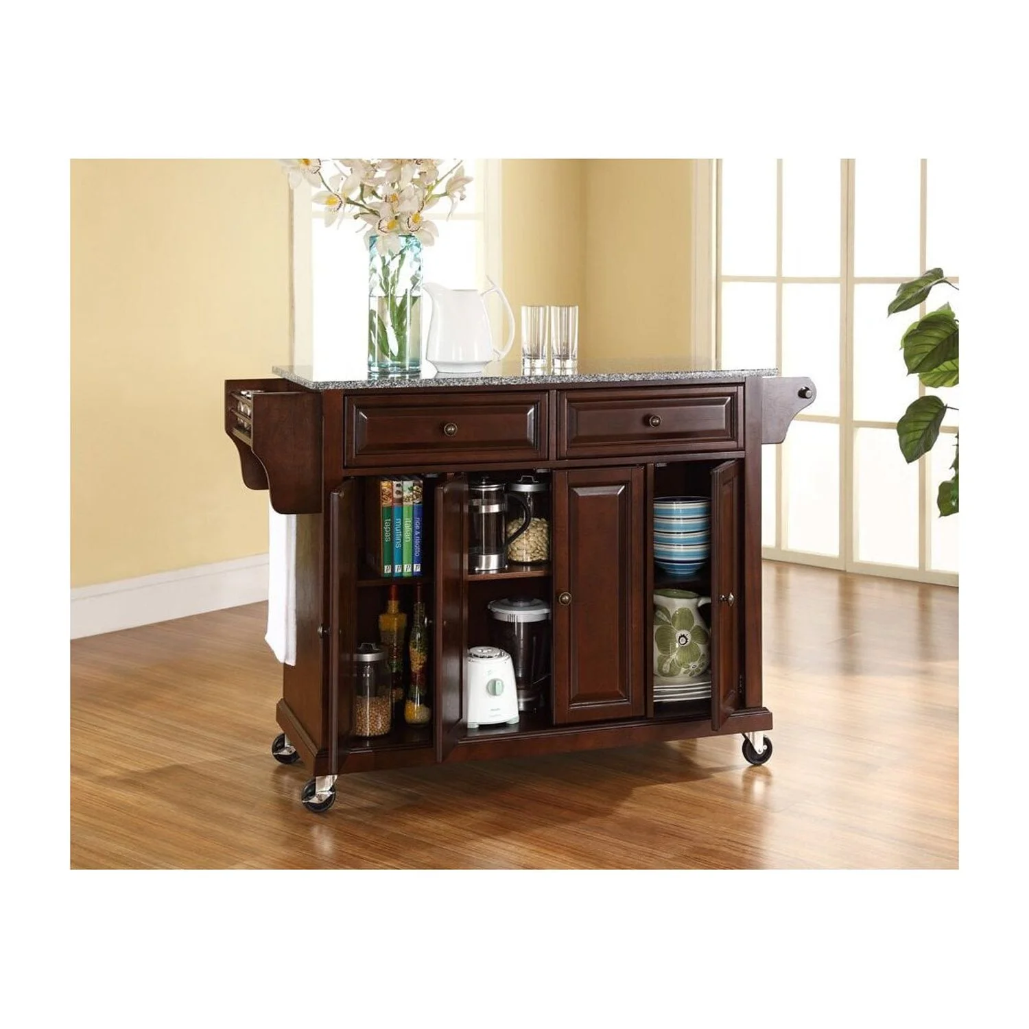 Homestock Urban Upmarket Full Size Kitchen Cart with Stainless Steel Top, Black, Tiered Shelf, 18 x 52 x 36 in, Modern Mobile Kitchen Cart, Adjustable Shelved Storage Behind Doors - Color:mahogany, S