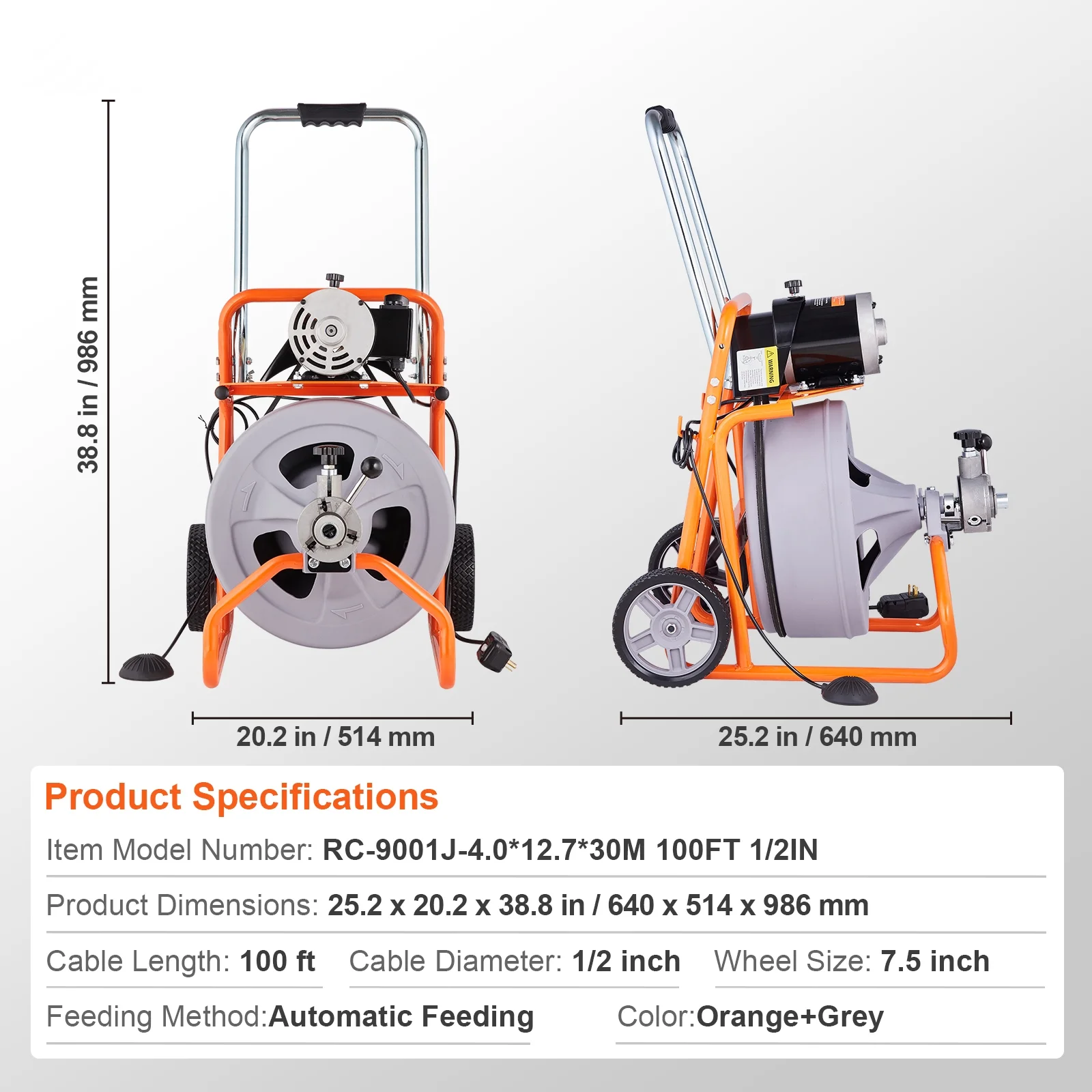Drain Cleaning Machine, 100FT x 1/2 Inch, Self-feeding, Mobile Drain Auger with 8 Blades Pneumatic Foot Pedal, Ideal for 2"-4" Pipes - Image 2
