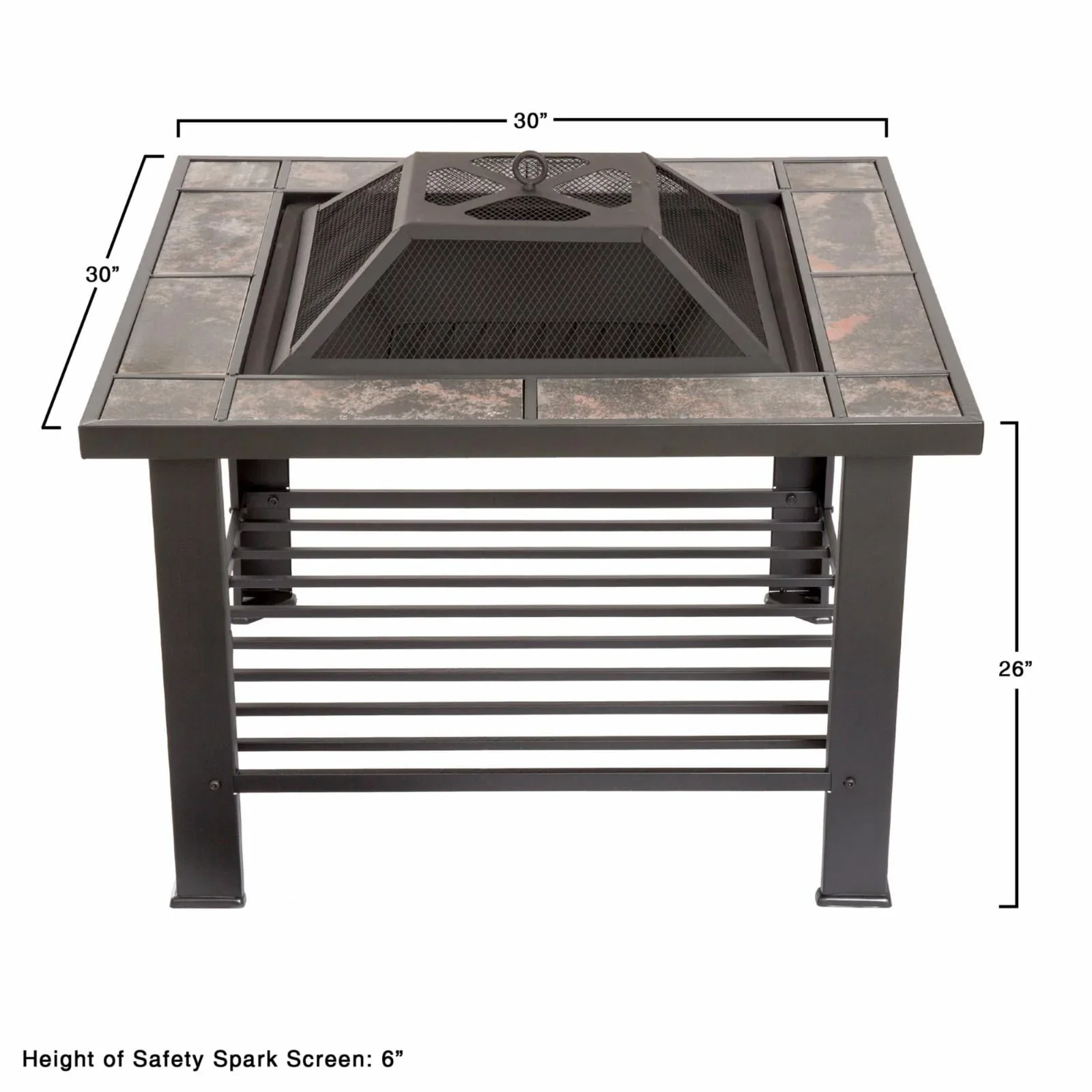 Fire Pit Table �?30-Inch Square Wood Burning Bonfire Pit with Marble Tile Edge, Spark Screen, Tile Fire Bowl Cover, Log Poker by Pure Garden (Black)