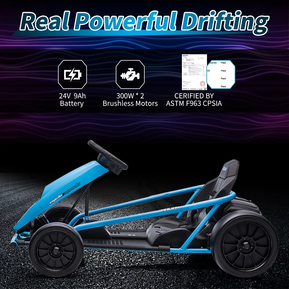 Go Kart for Kids 24V Battery 300WX2 Motors Pedal On Foot Go Cart 8MPH High Speed Drifting Car with Slow Start Function Music Elastic Durable Tires, Blue(Blue) - Image 6