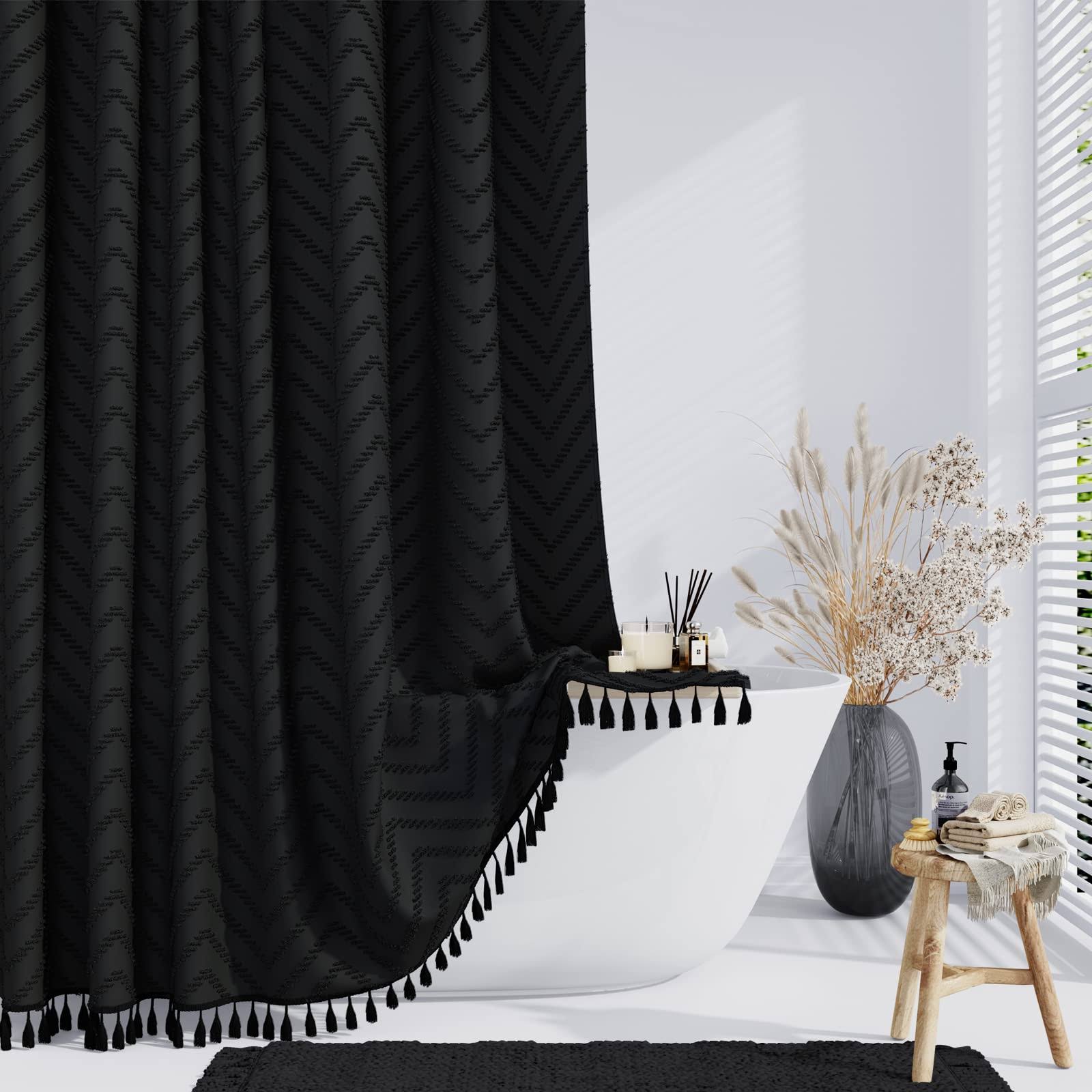 Dynamene Boho Farmhouse Shower Curtain, Black Fabric Tufted Chevron Striped Textured Tassel Shower Curtains for Bathroom, Water Repellent, Minimalist