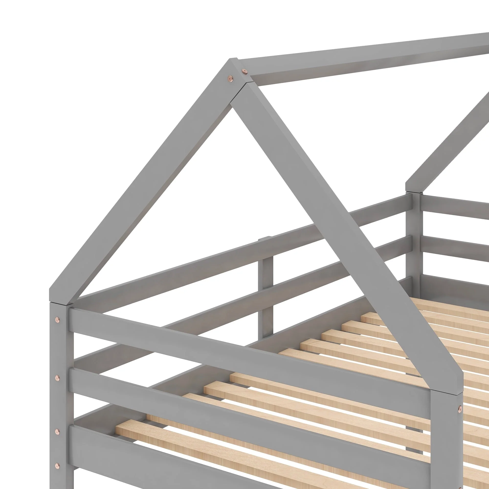 Euroco Twin over Twin House Bed, Low Bunk Bed for Kid's Room, Gray