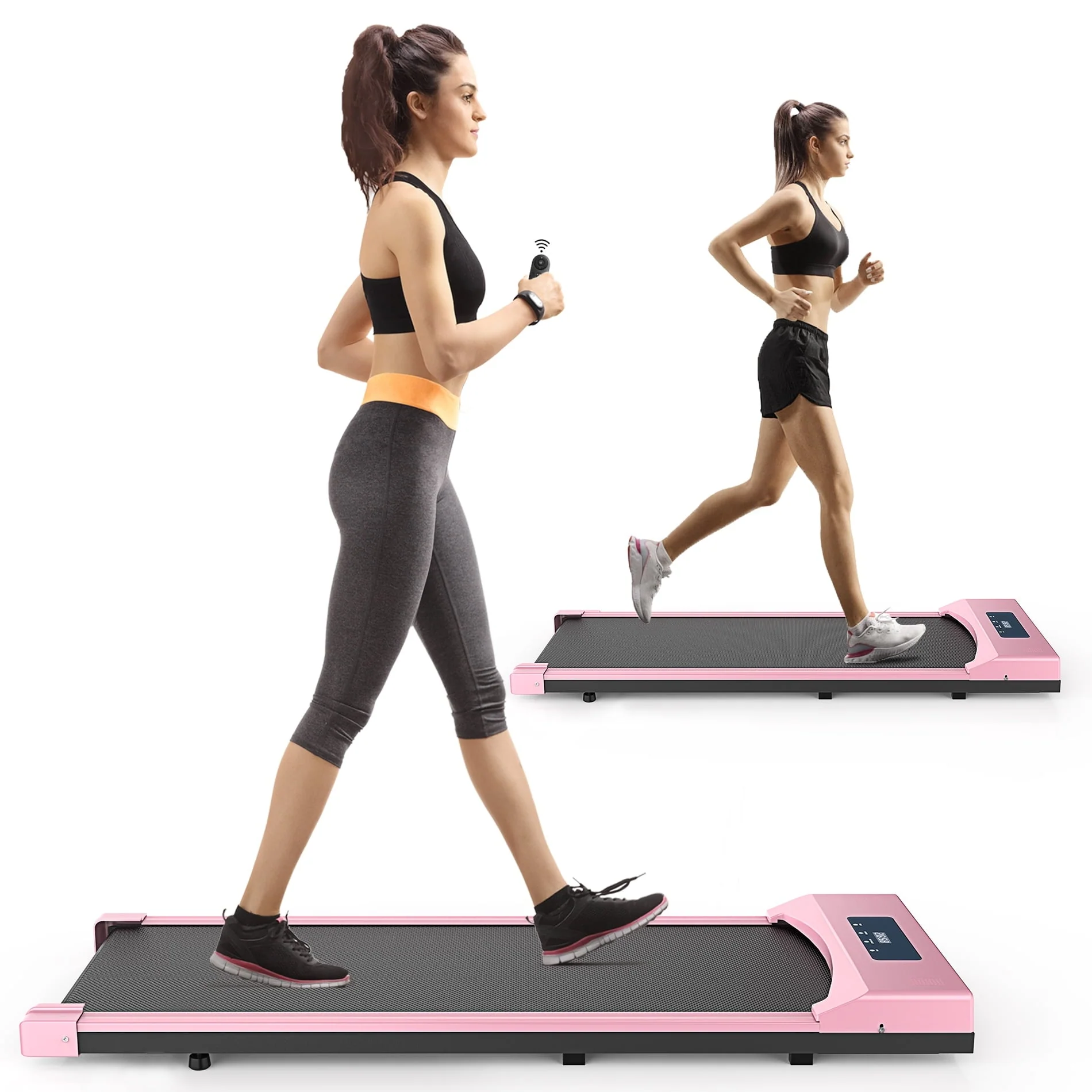 Adnoom Under Desk Treadmill, 2.5HP Installation - Free Slim Flat Compact Treadmill, Electric Quiet Walking Treadmill with LED Display and Wireless Remote Control for Home/Office (Pink)