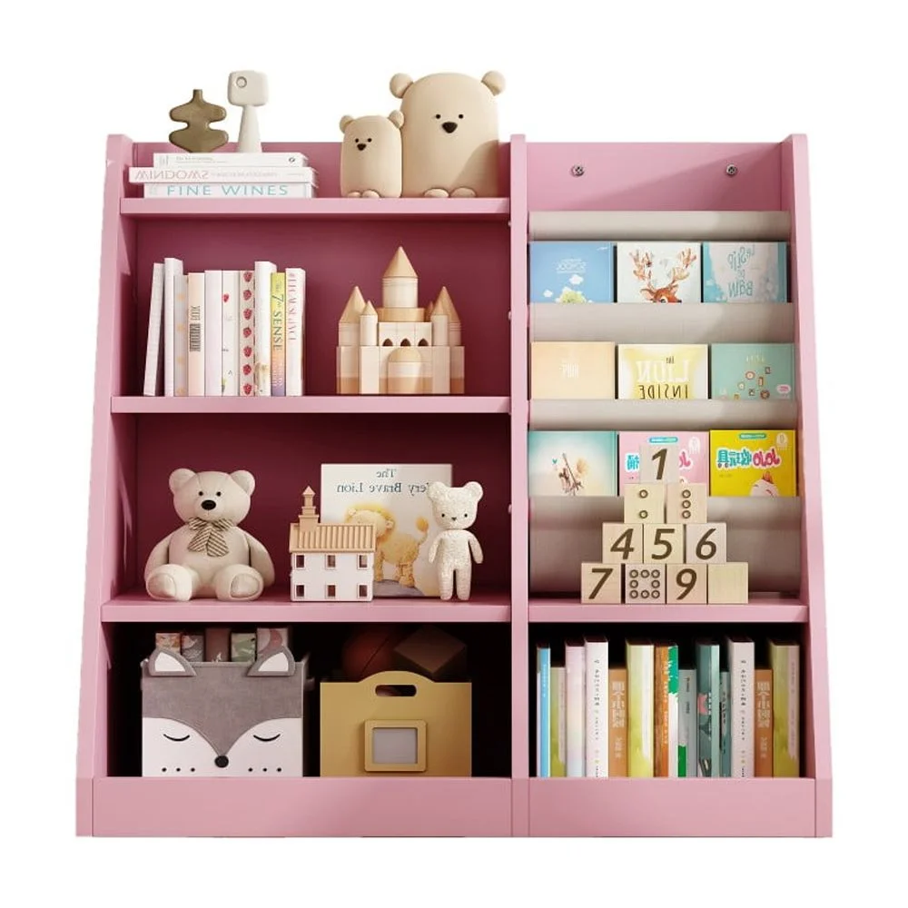Montessori Kid Bookshelf, Modern Wood Bookcase 4 Tier Children Book Rack Display Toy Storage Organizer Sling Book Rack for Classroom Bedroom Nursery Playroom (Pink)(Pink) - Image 2