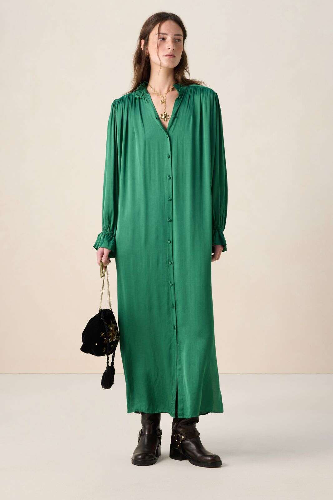 Groene satijnen maxi jurk