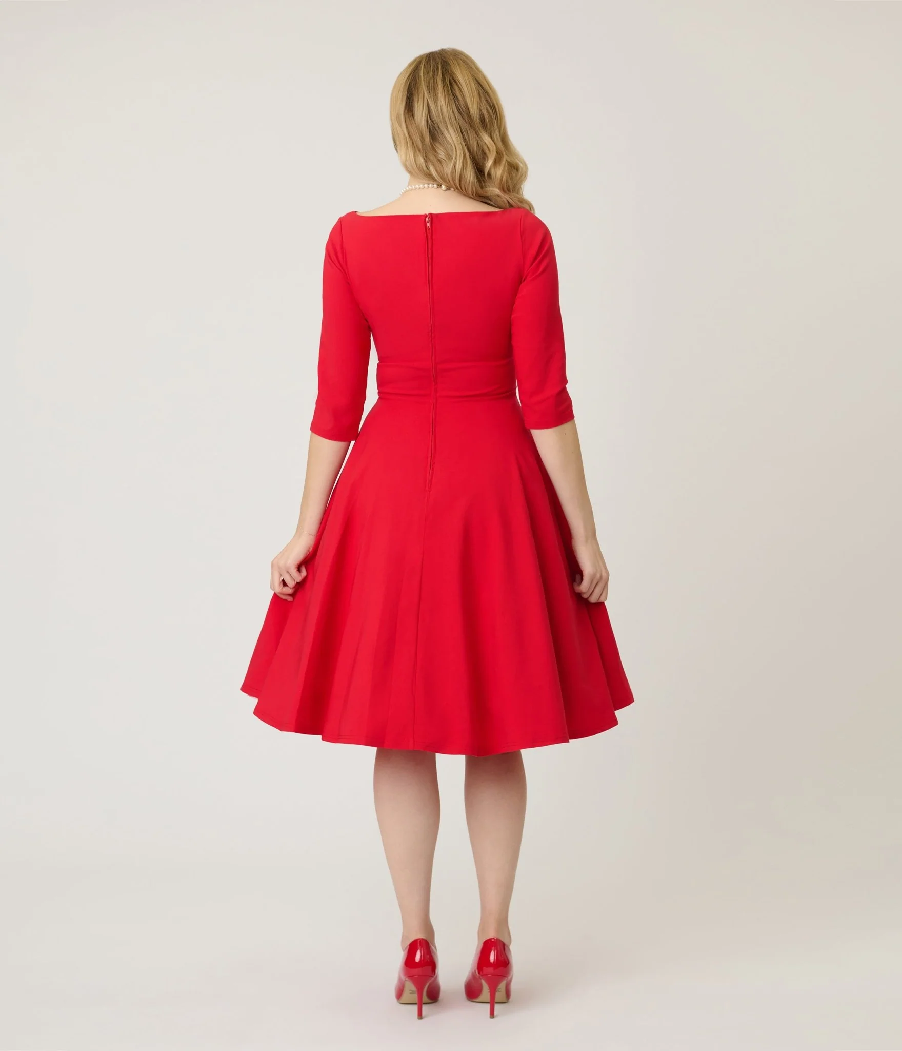 Unique Vintage Red Scalloped Neck Swing Dress