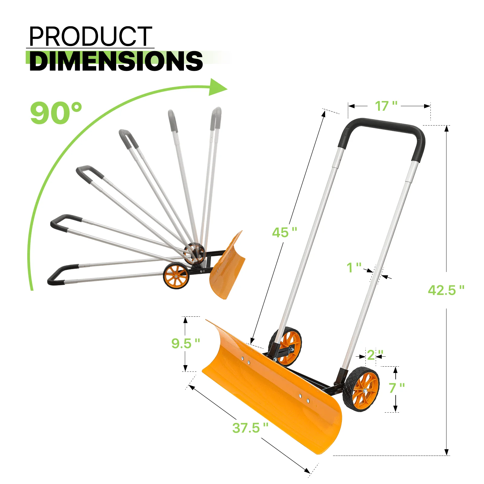 Snow Shovel with Wheels, 37 5 inch Wide Rolling Snow Plow Pusher Shovel with Adjustable Aluminum Handle, Snow Removal Tool for Driveway Garden Pavement, Orange Image 6