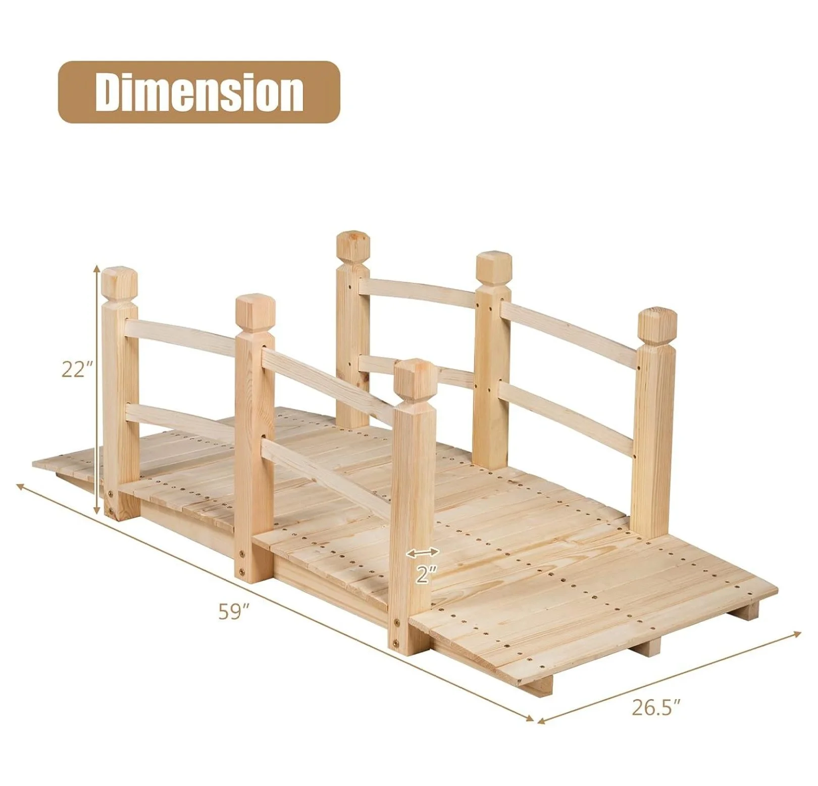 Garden Bridge, 5FT Wooden Arc Footbridge for Outdoors with Safety Guardrails, Decorative Landscaping for Garden Yard Walkway Creek Farm, 400 LBS Capacity (Natural Finished) Image 7