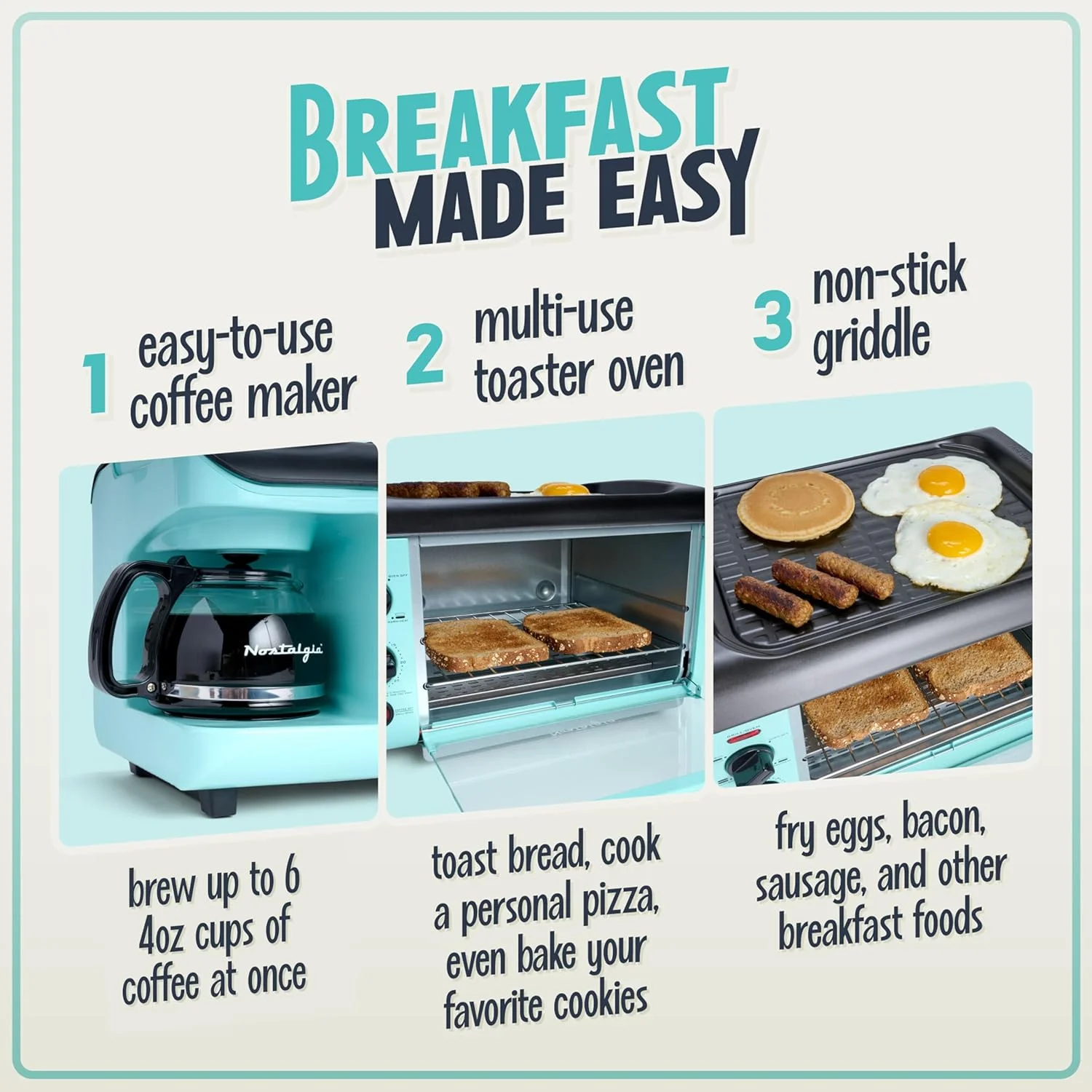 3-in-1 Breakfast Station Includes Coffee Maker, Non-Stick Griddle, and 4-Slice Toaster Oven Versatile Breakfast Maker with Timer Aqua(Classic Retro) - Image 3
