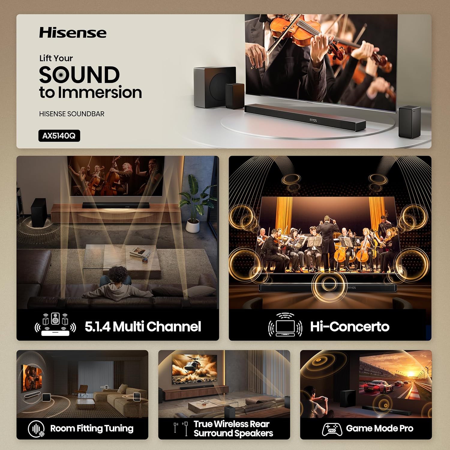 Hisense AX5140Q 5.1.4Ch Sound Bar with Wireless Subwoofer  Dolby Atmos  DTS:X  Bluetooth 5.3  Roku TV Ready  HDMI/AUX/ARC/Optical/USB  EzPlay  7 EQ Modes  Hi Concerto  Room Calibration