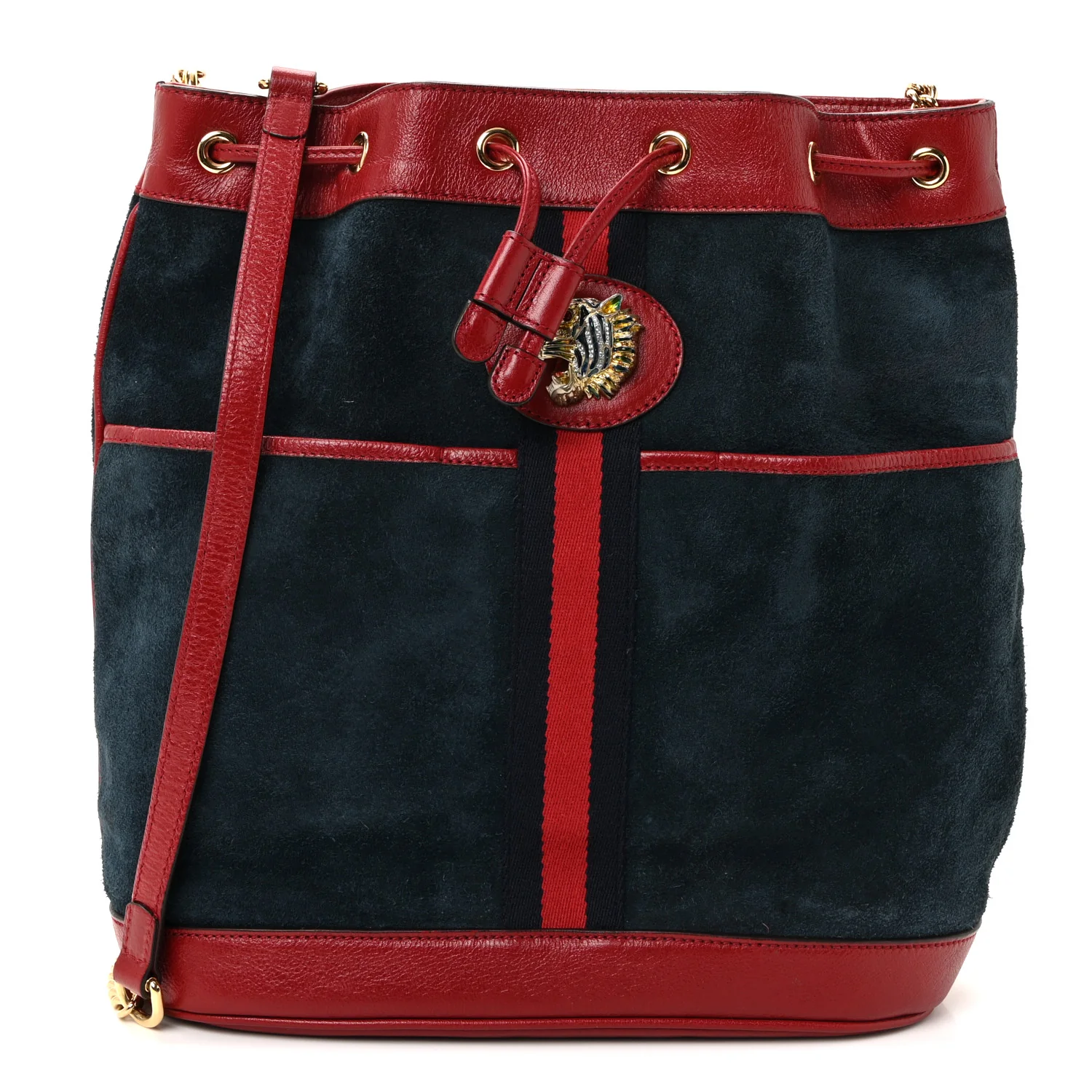 Suede Calfskin Web Medium Rajah Bucket Bag New Blue Romantic Cherry