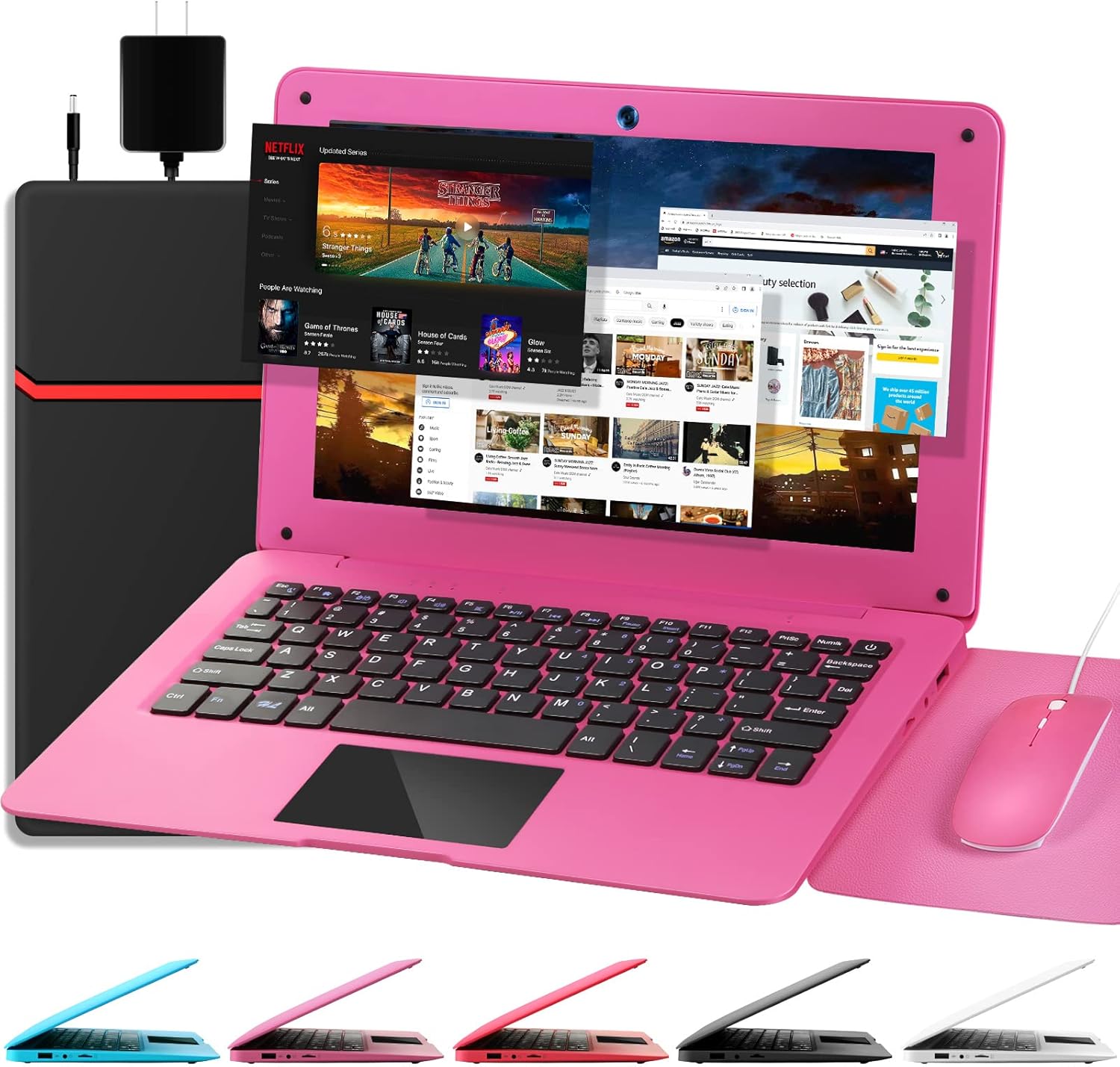 Laptop Computer(10.1 inch)  Quad Core Powered by Android 12.0  Netbook Computer with WiFi  Webcam and Bluetooth  Mini Laptop with Bag  Mouse  and Mouse Pad for Kids and Adults（Pink）