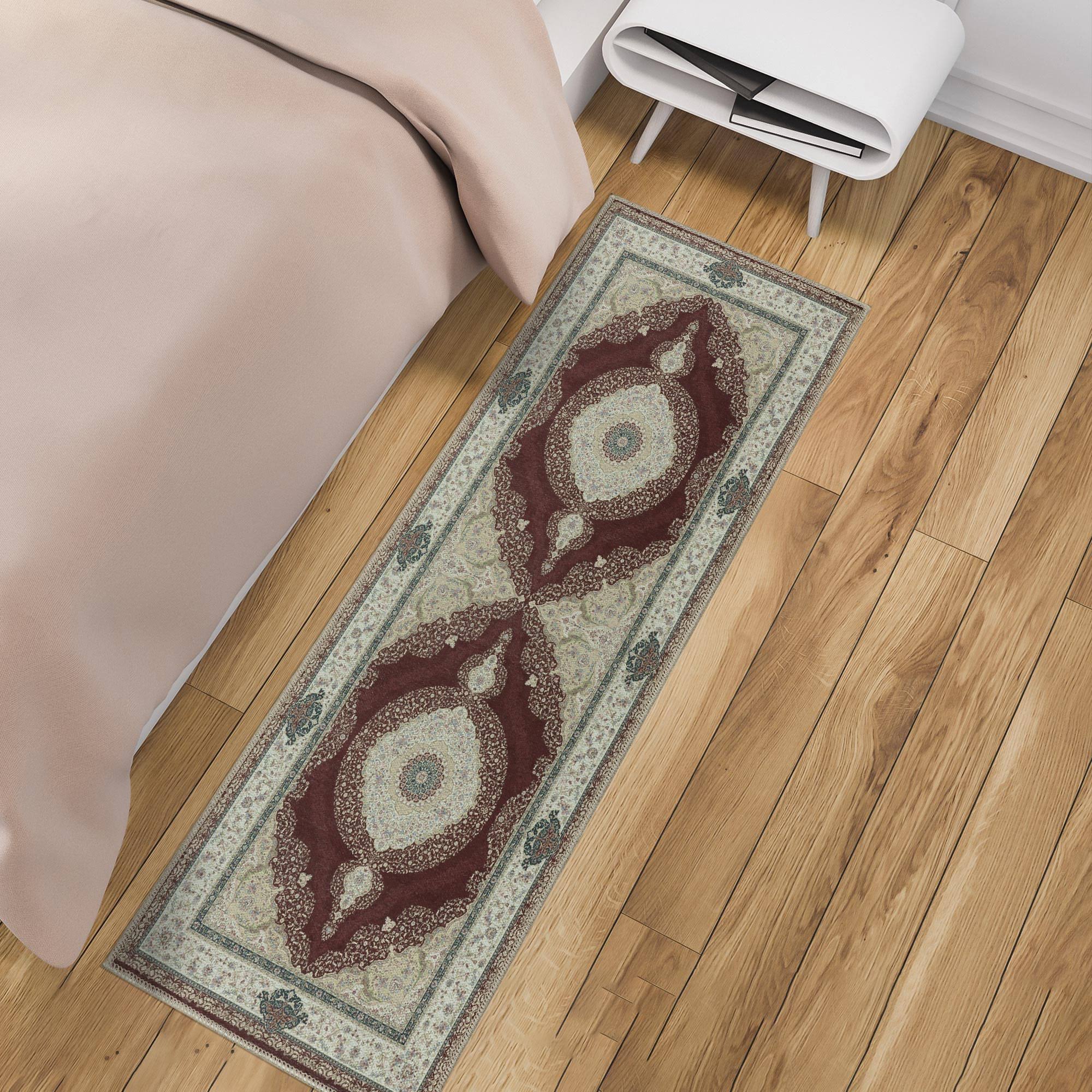 Ottomanson Machine Washable Cotton 2x5 Flatweave Runner Rug for Bedroom, 20 inch x 59 inch, Bordeaux Medallion