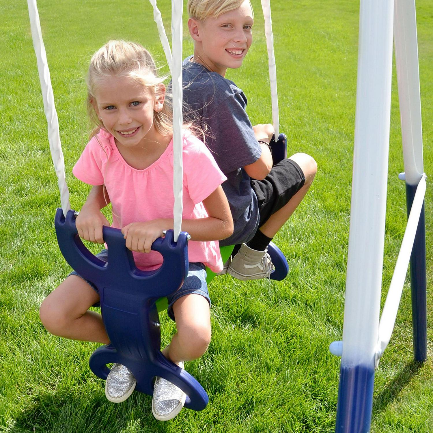 Outdoor Rosemead Metal Swing Set with Roman Glider. Saucer. 6.5#8242; Slide with Lifetime Warranty. and Bonus Anchor Kit. Great for Kids Aged 3-8 - Image 3