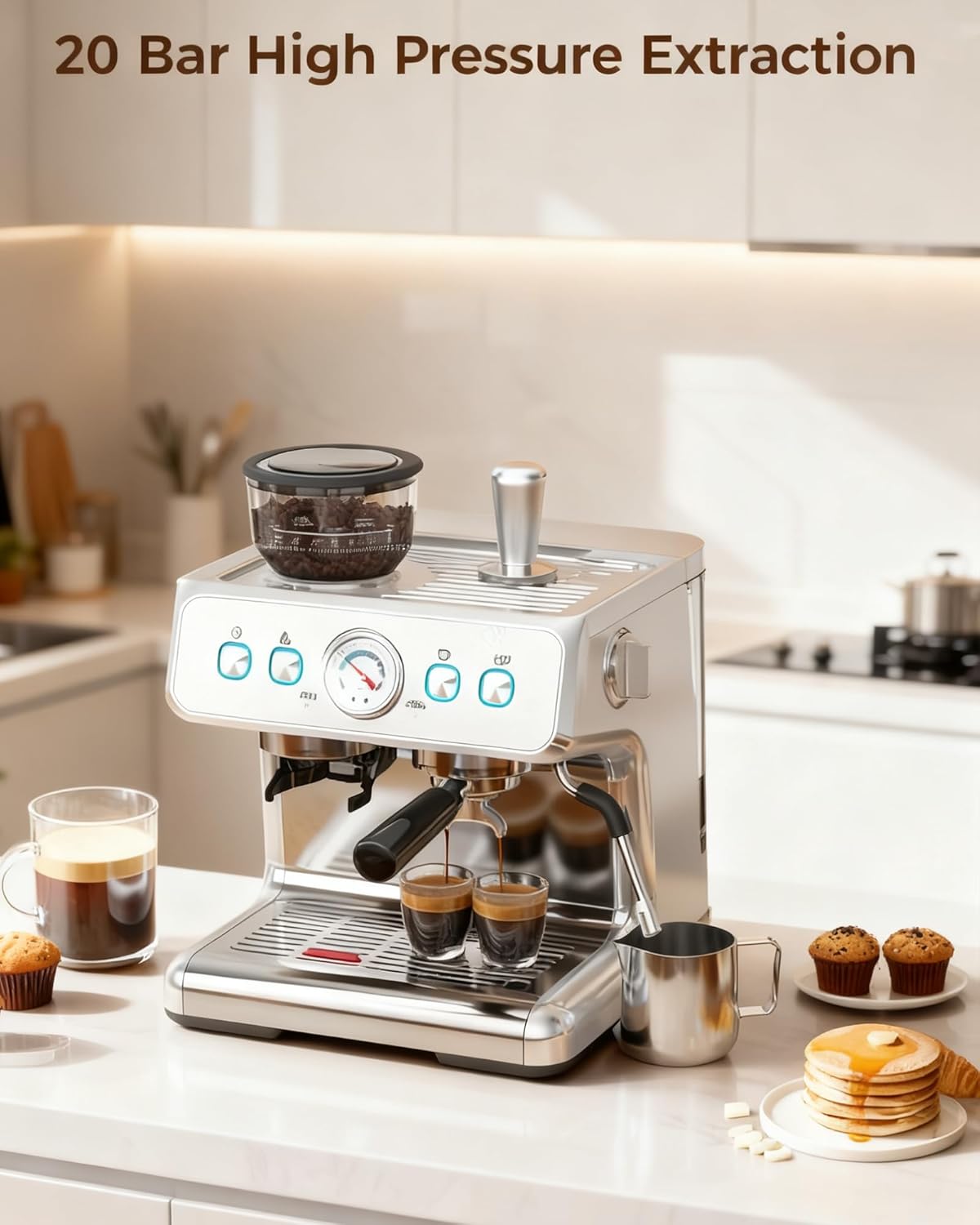 20 Bar Espresso Machine with Grinder & Milk Frother Steam Wand, 58mm Expresso Coffee machines, Stainless Steel Coffee Maker for Cappuccino and Latte, Perfect for Home and Café Use
