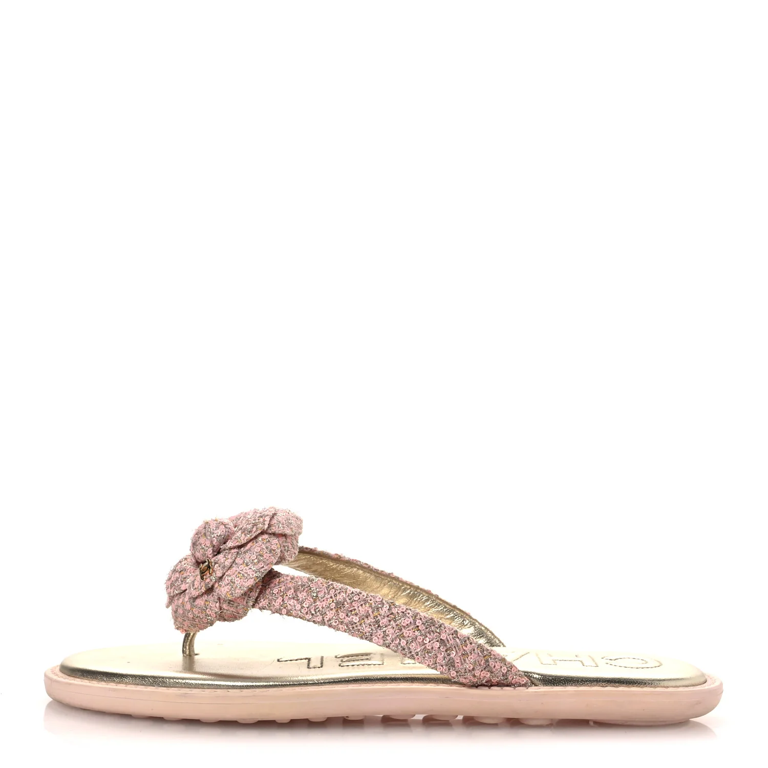 Tweed Camellia Thong Sandals 37.5 Salmon Apricot Gold