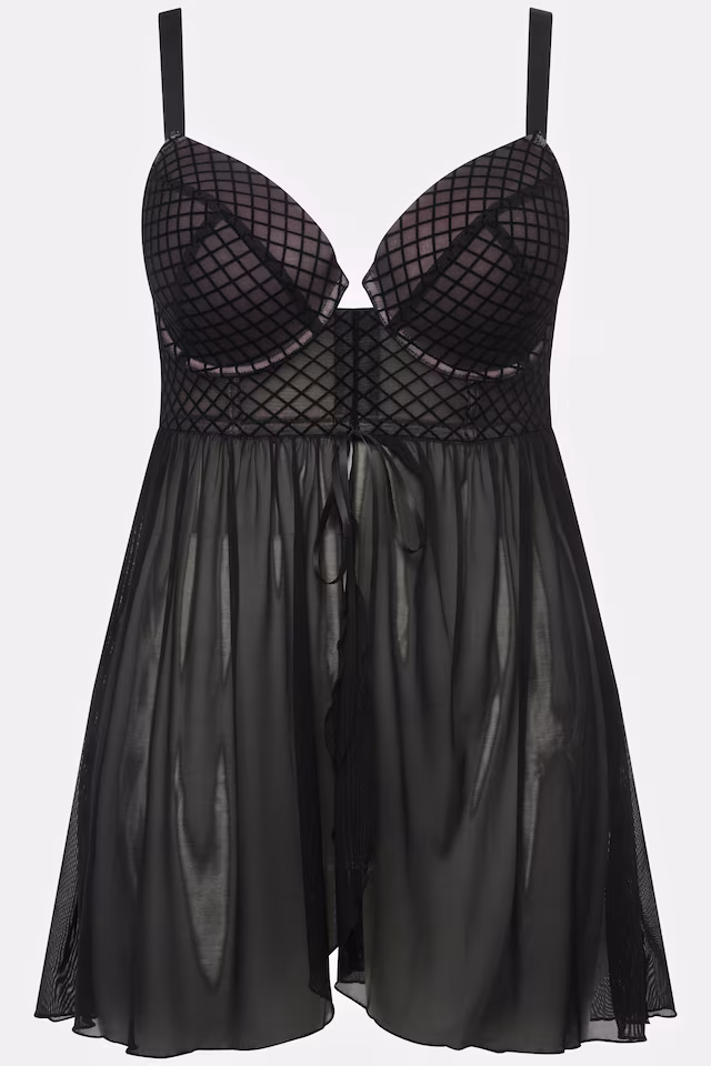 Velvet Check Front Close Babydoll Negligee