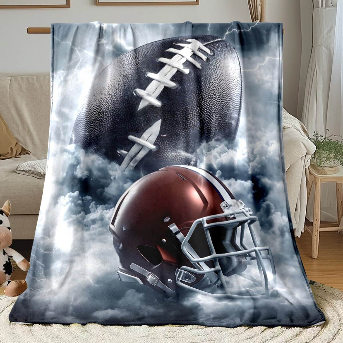 1 piece American football and red helmet blanket - inspired team logo design, soft and warm 280g flannel throw blanket with football helmet pattern, suitable for all seasons, sofa, bed, travel, camping gift for fans and enthusiasts - wanlinfang