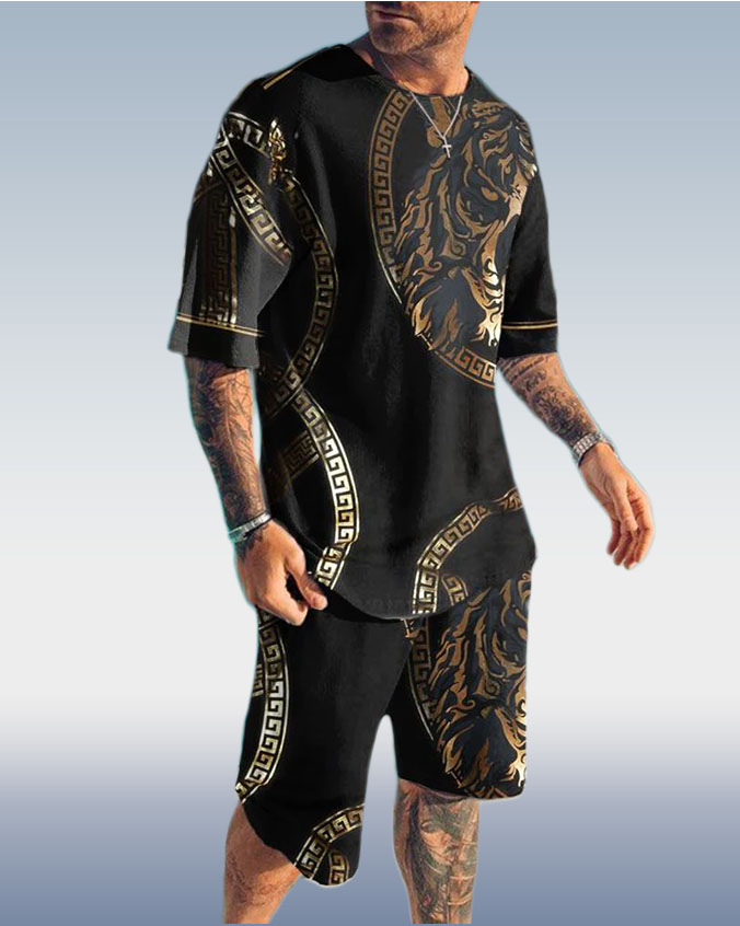 Ensemble deux pièces pour homme, manches courtes, imprimé tigre, 3 couleurs