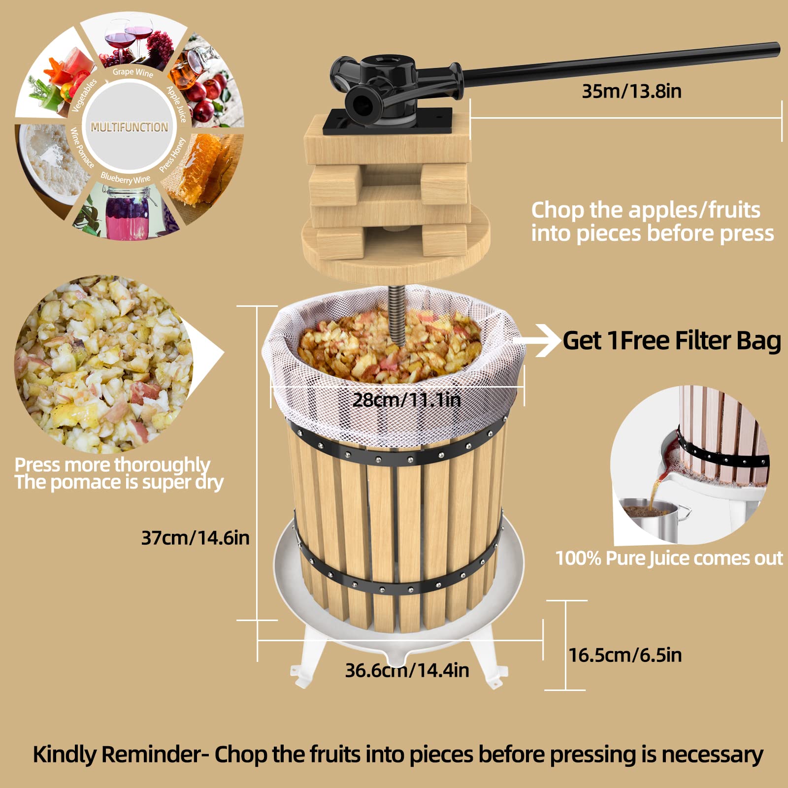 Fruit Press-4.75Gallon/18L-Solid Wood Basket Wine Press-Vintage traditional juicer-6 Press Wooden Blocks-Pole Handle Bar for Juice,Wine,Cider-1 free filter bag included