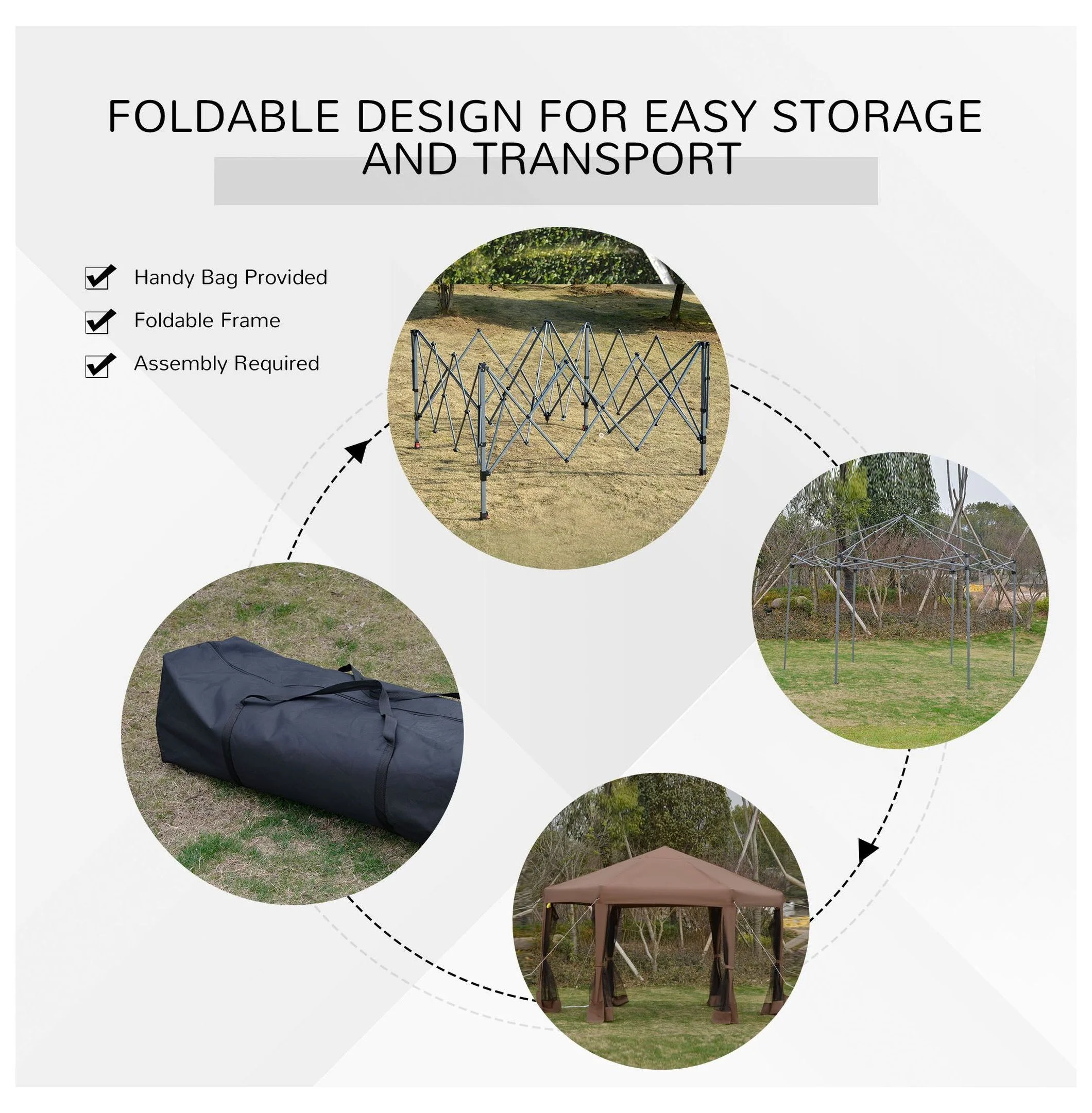 13x13 Pop Up Canopy, Hexagonal Brown Canopy with Mesh Walls Adjustable Outdoor Camping Tent with Steel Frame Stakes - Image 4