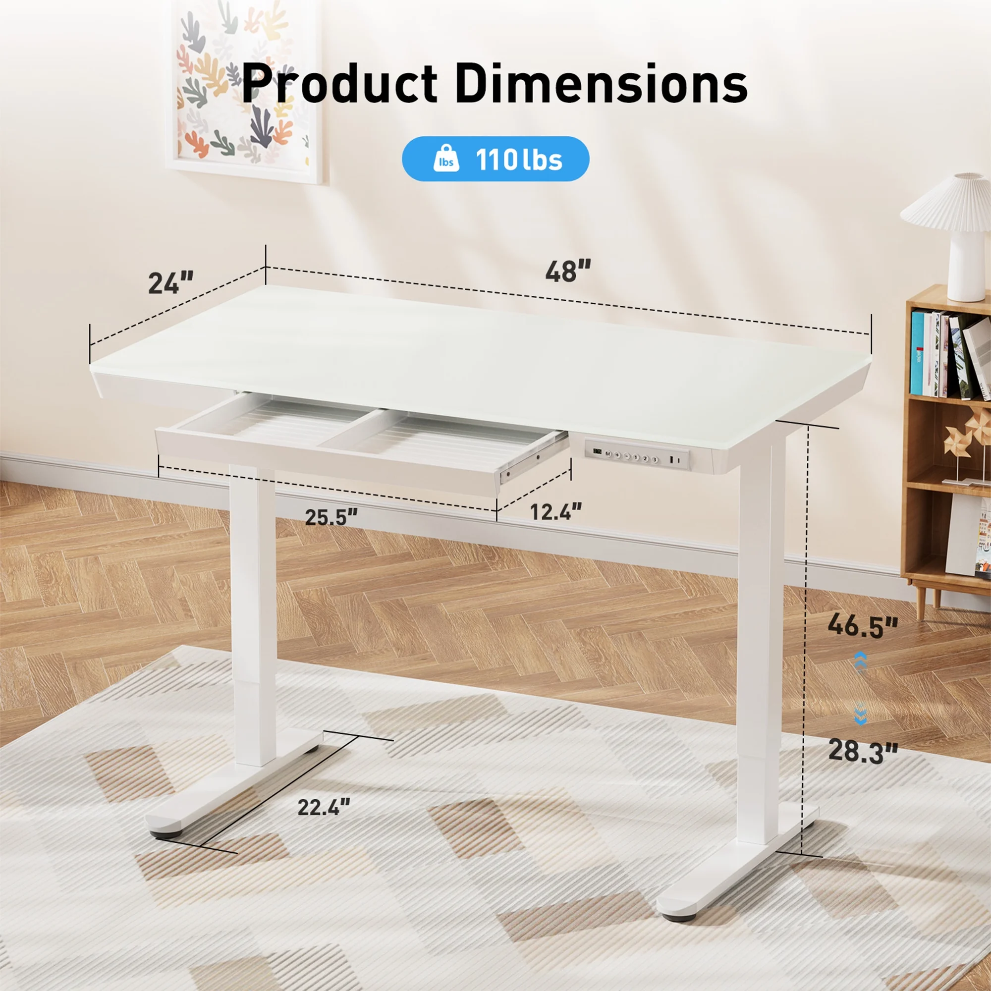 Glass Top Electric Standing Desk with Drawer, 48'' x 24'' Electric Height Adjustable Desk with USB Charging Ports, Sit Stand up for Home Office(48" x 24"/White Glass-top) - Image 8
