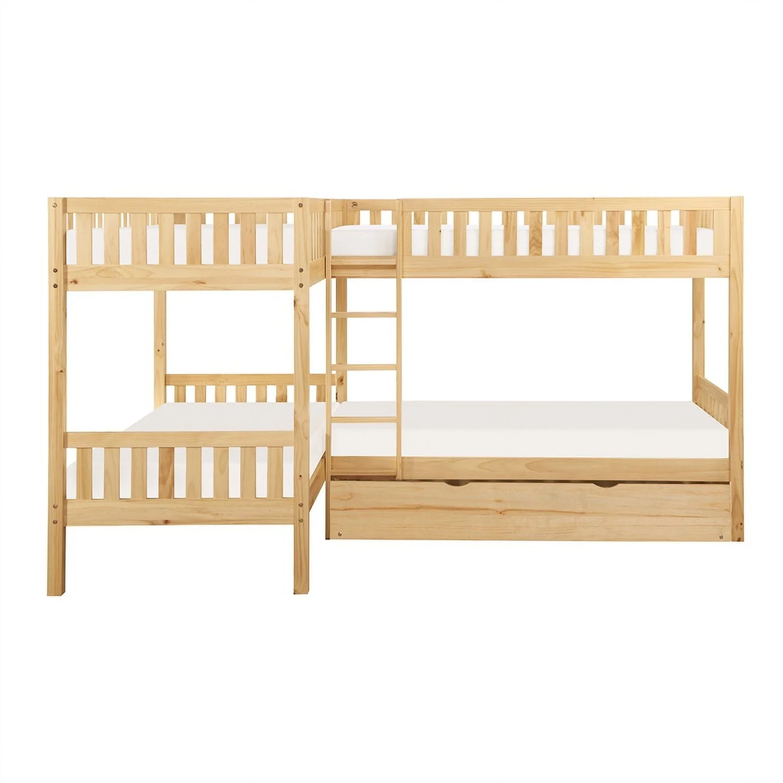 Contemporary Wood Corner Bunk Bed with Twin Trundle in Natural Pine Image 2