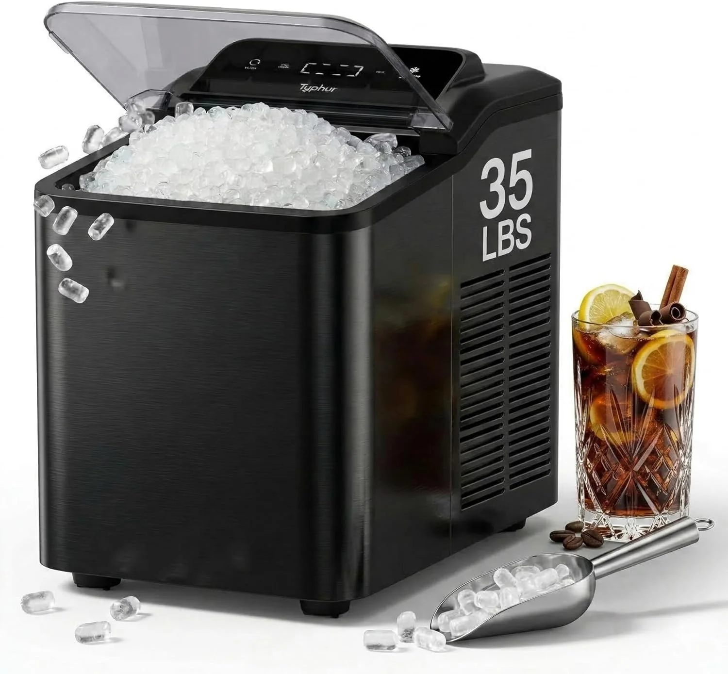 Machine à glaçons Typhur Fast Nugget de comptoir avec pompe autonettoyante, 16 kg/24 h, glaçons en granulés, 8 sachets de nettoyant, deux pelles à glaçons pour la maison, la cuisine, les fêtes, les camping-cars, acier inoxydable