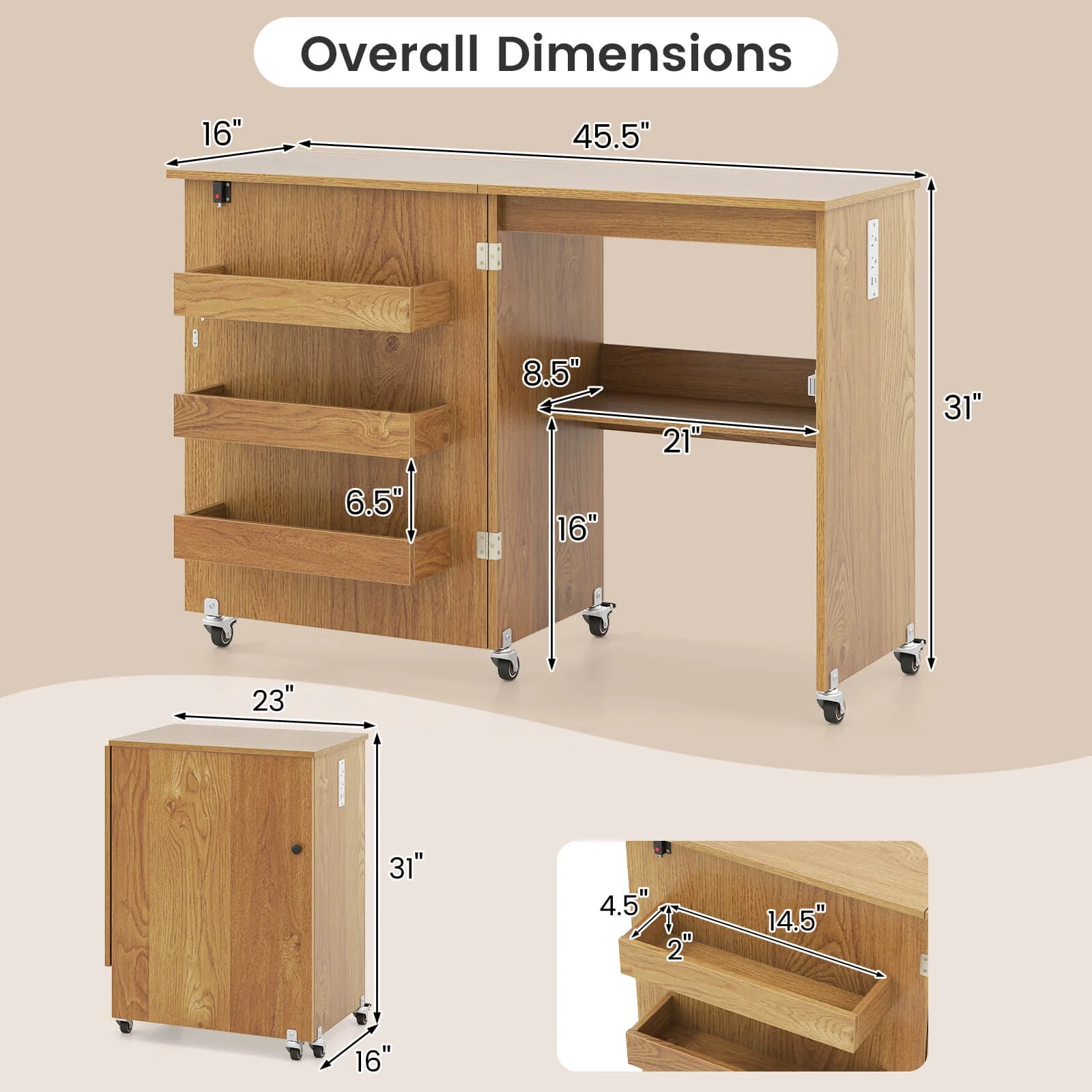 Folding Sewing Table Rolling Craft Station with 3 Storage Bins Charging Station Natural(Natural) - Image 3