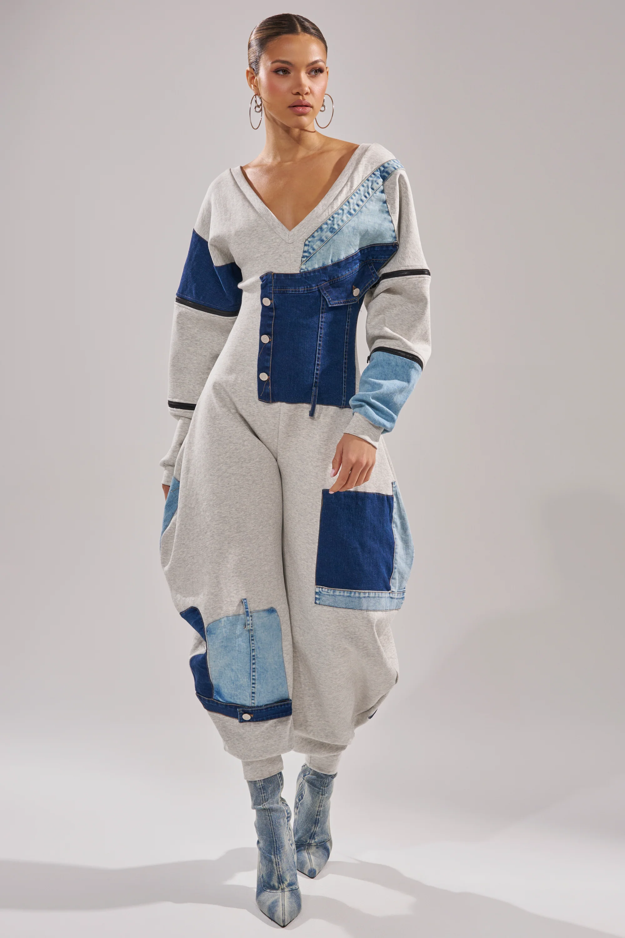 COMFY COZY PATCHWORK JUMPSUIT IN HEATHER GREY - Akira Store