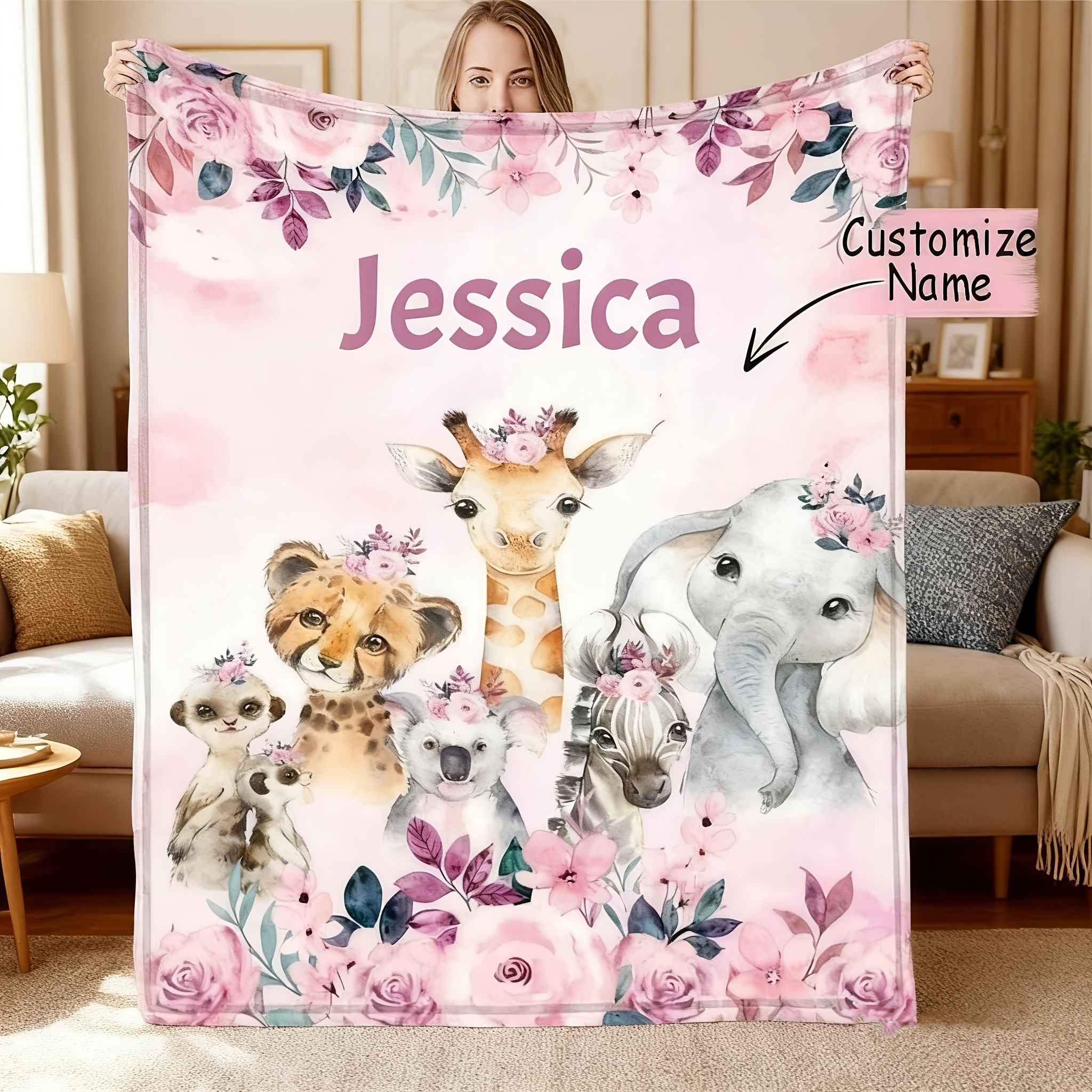 Personalized Custom Name Bedspread/Throw Blanket - Giraffe and Elephant Pattern, Ultra-Soft Flannel Bedspread, Perfect Gift for Christmas, Birthdays, or Bedtime - Customizable Name Available - wanlinfang