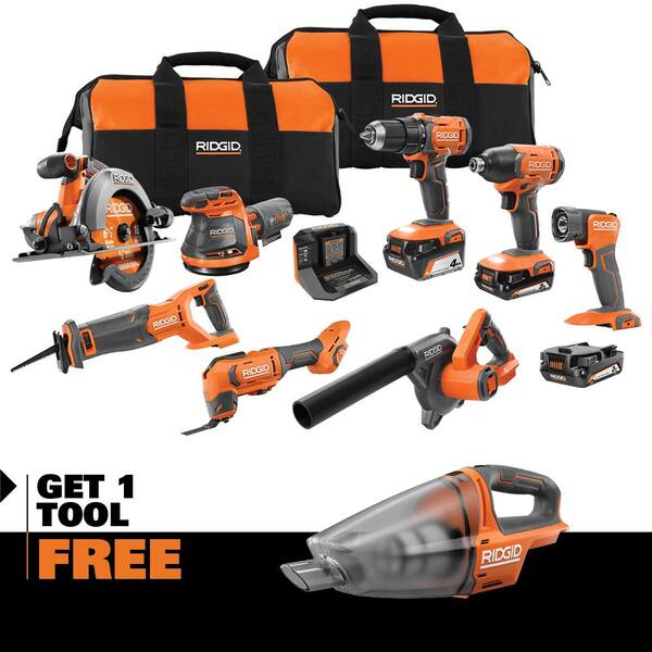 18V Cordless 8 Tool Combo Kit with (3) Batteries, Charger, and Bag with 18V Hand Vacuum