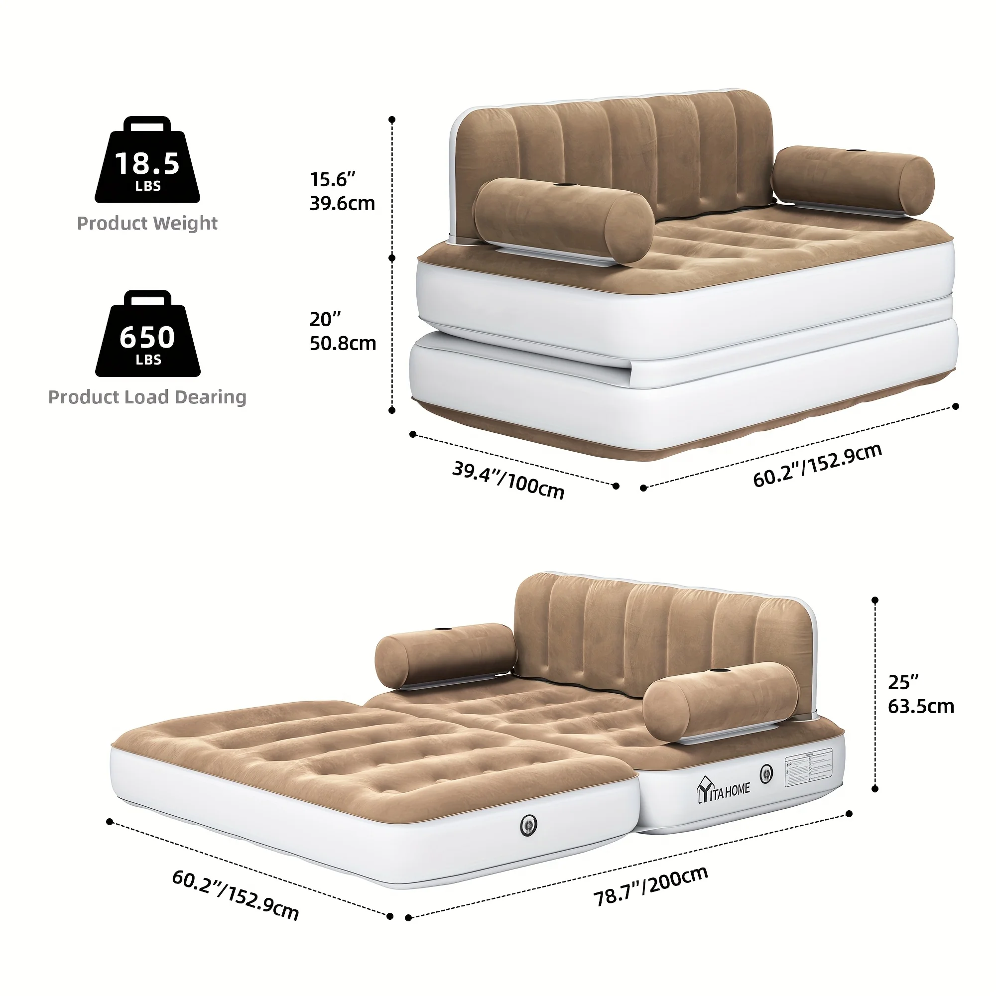 Inflatable Air Sofa Bed 2-in-1 Backrest Couch Airbed With Headboard And Pump Convertible Blow Up Bed Mattress For Home, Camping, And Guests, Living Room Furniture, Queen Size(Black+gray) - Image 6