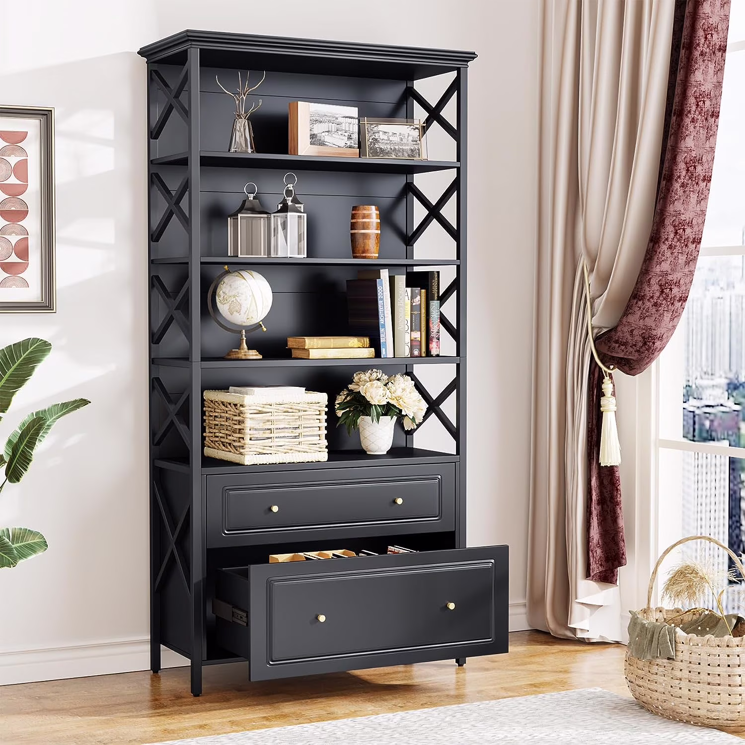 5-Tier Bookcase, 31.50 x 14.17 x 71.65 in(Black)