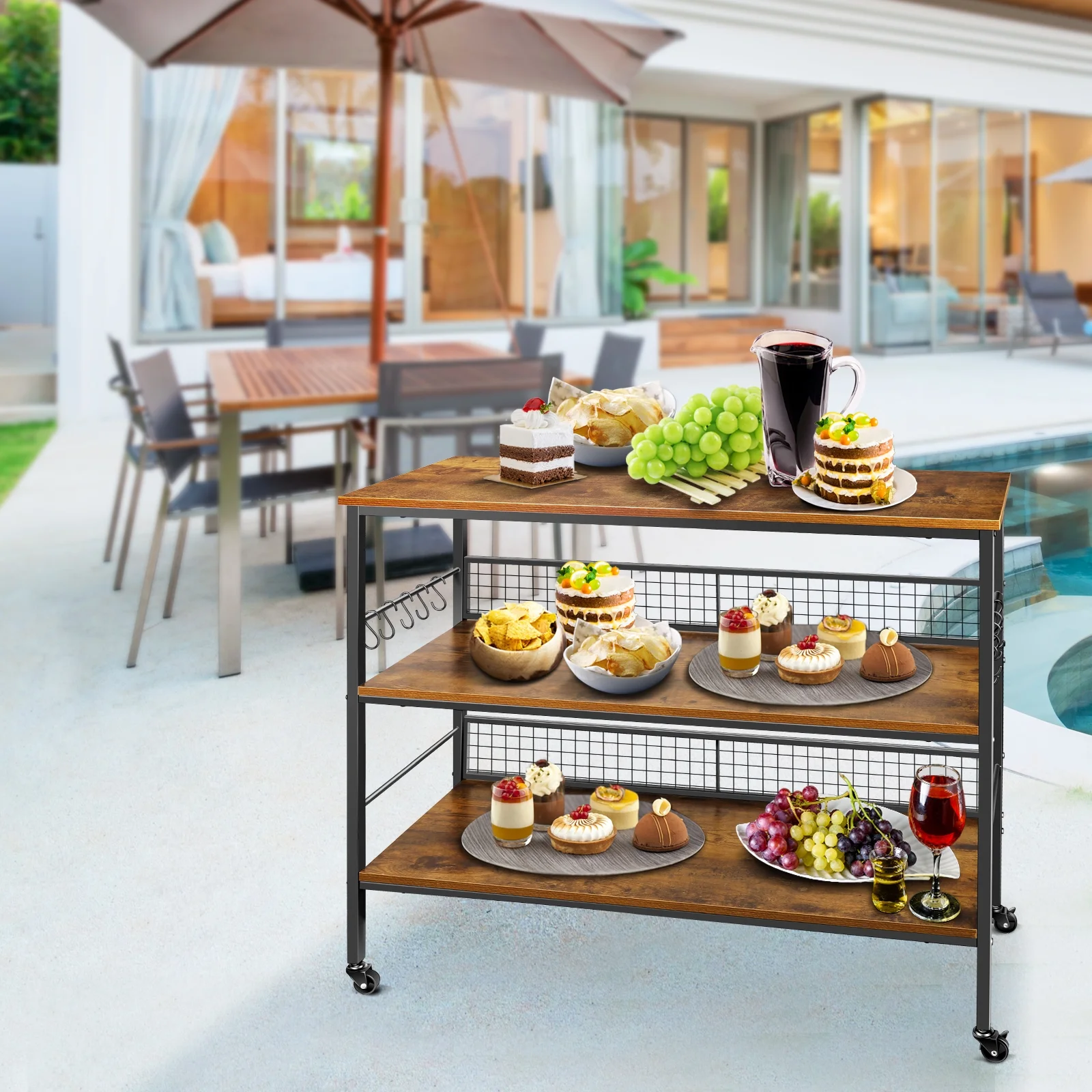 3-Tier Rolling Cart Microwave Stand with 10 Hooks, Coffee Bar Kitchen Storage Rack Organizer, Rustic Brown(Brown) - Image 3