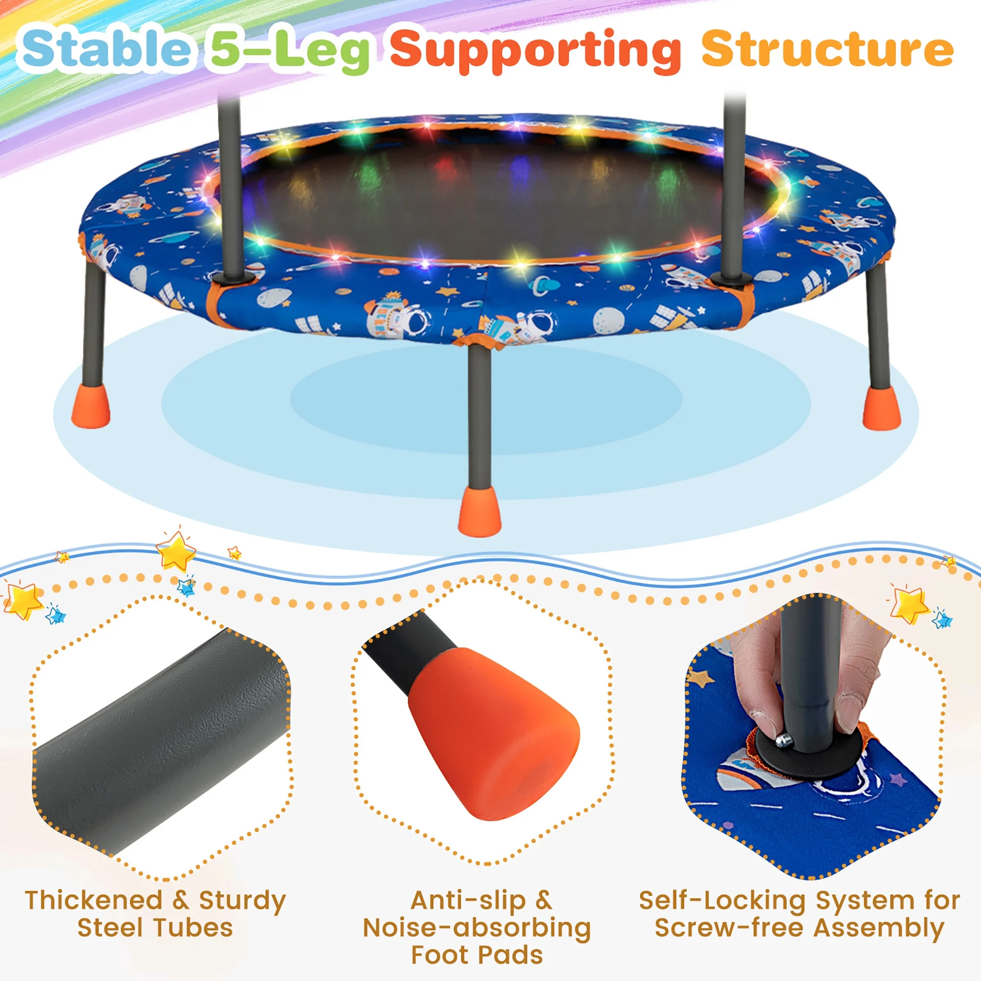 36'' Mini Toddler Trampoline w/ LED Bluetooth Speaker Detachable Handle Kids Gifts Blue - Image 7
