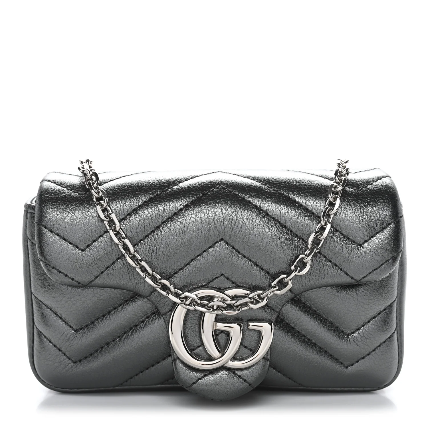 Metallic Lambskin Matelasse Mini GG Marmont Shoulder Bag Piombo