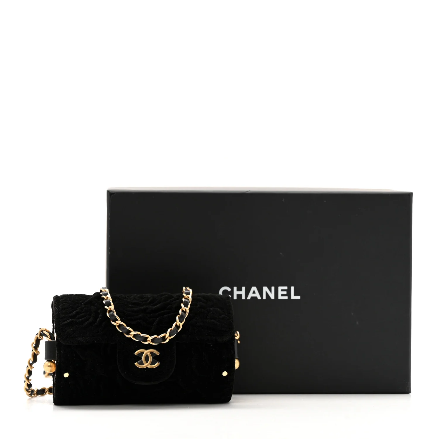 Velvet Camellia Embossed Jewel Belt Card Holder With Chain Black