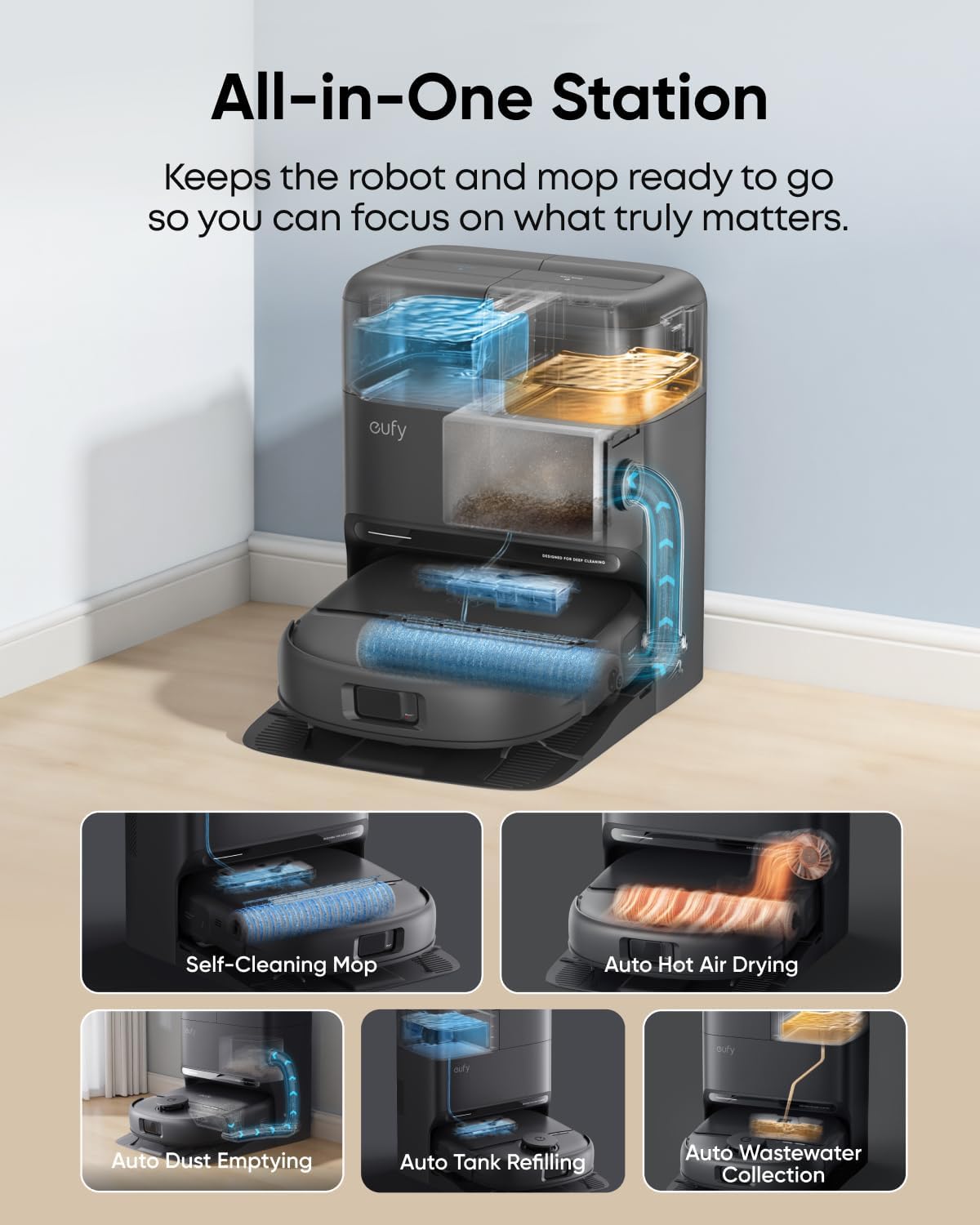 eufy Robot Vacuum C28, HydroJet™ Self-Cleaning Roller Mop, DuoSpiral™ Detangle Brush, 15,000 Pa Turbo High Suction, All-in-One Robot Vacuum