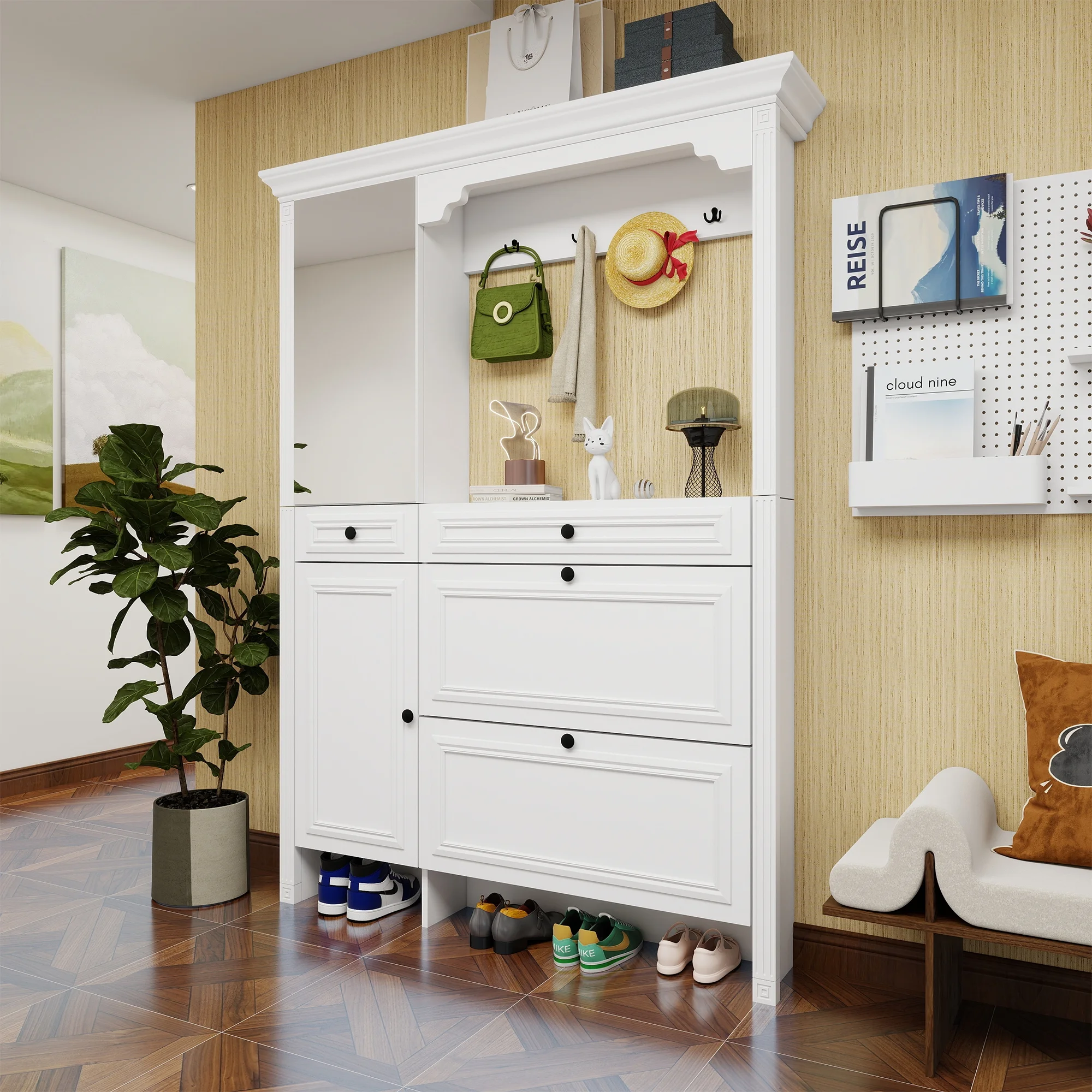 Entryway Bench with Coat Rack,4-in-1 Design Hall Tree with 2 Doors and 2 Drawers,Mirrored Cabinet Door,Shoe Cabinet Storage for Entryway,Living Room,White