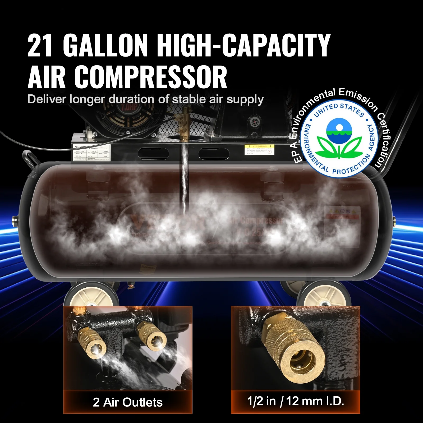 7HP Gas Powered Air Compressor, 21 Gallon Horizontal Air Compressor Tank, 9CFM@115PSI Gas Driven Piston Pump Air Compressed System with 115PSI Max Pressure for Construction Sites Workshop Image 3