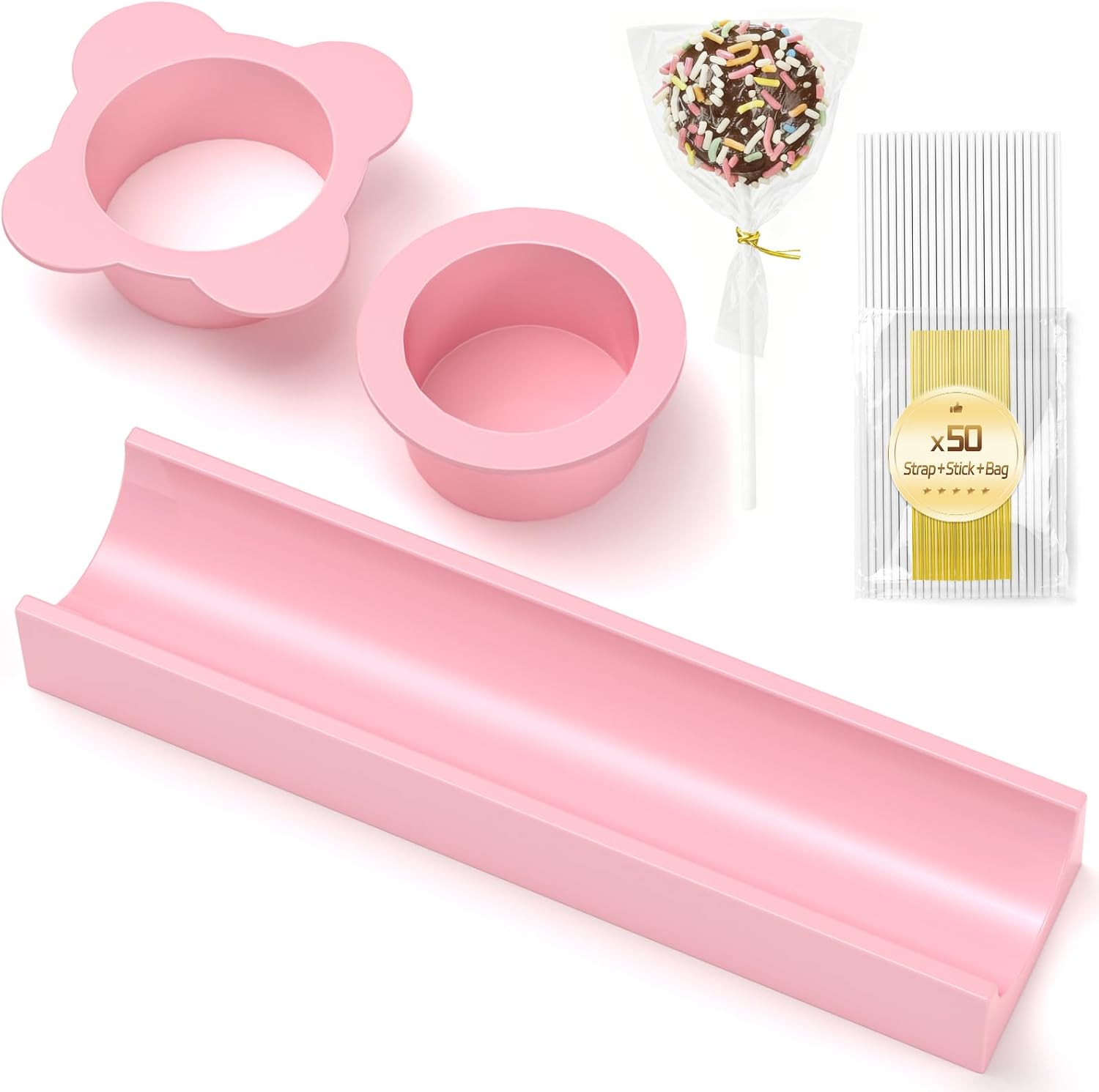 Round Cake Pop Mold Set with 50PCS Sticks, Bags, Ties, 1.75 Inch Cake Pop Cutter and Pusher, Dishwasher Safe Baking Molds for Birthday Wedding Kids Party Desserts-Pink