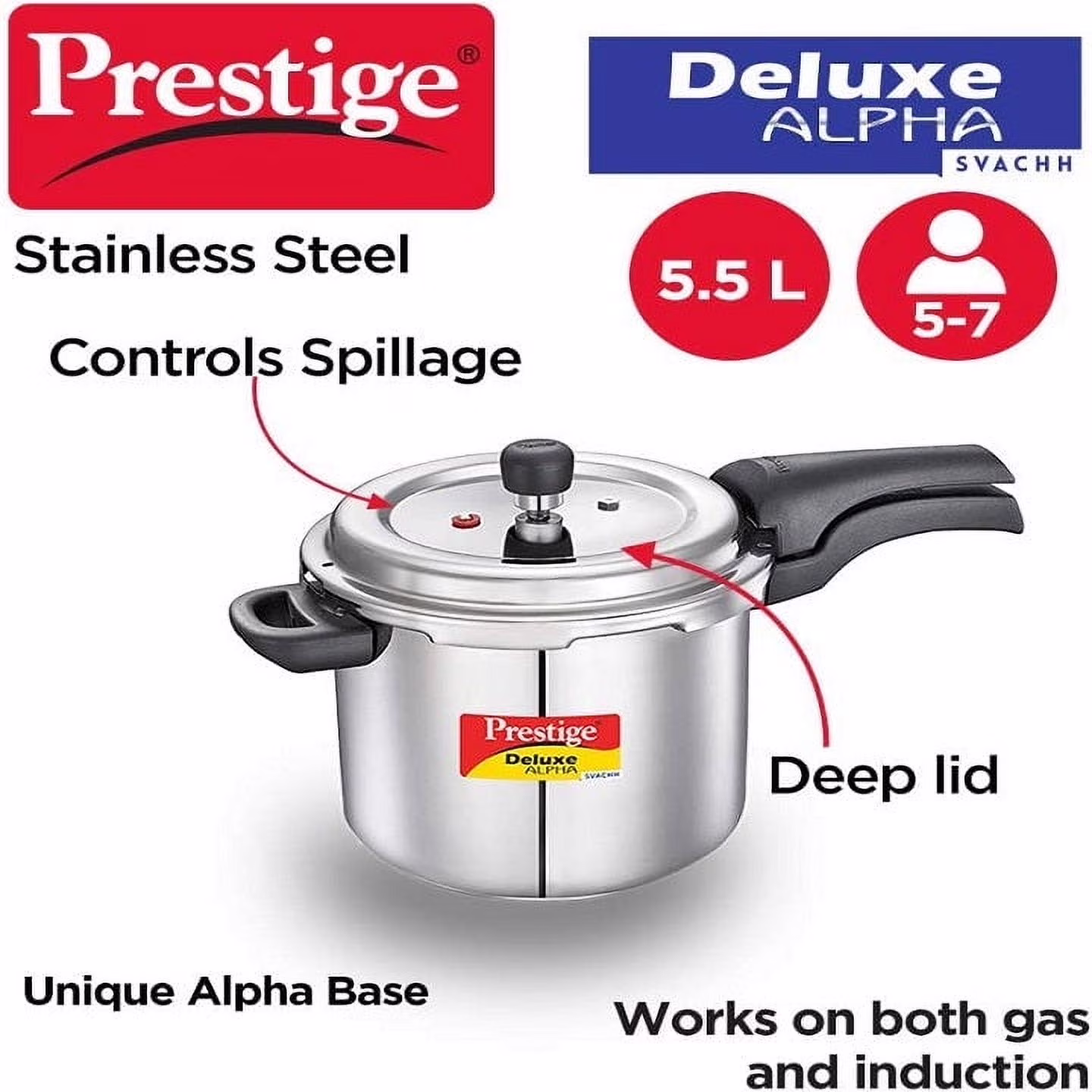 Prestige Deluxe Alpha Svachh 5.5 L Stainless Steel Pressure Cooker