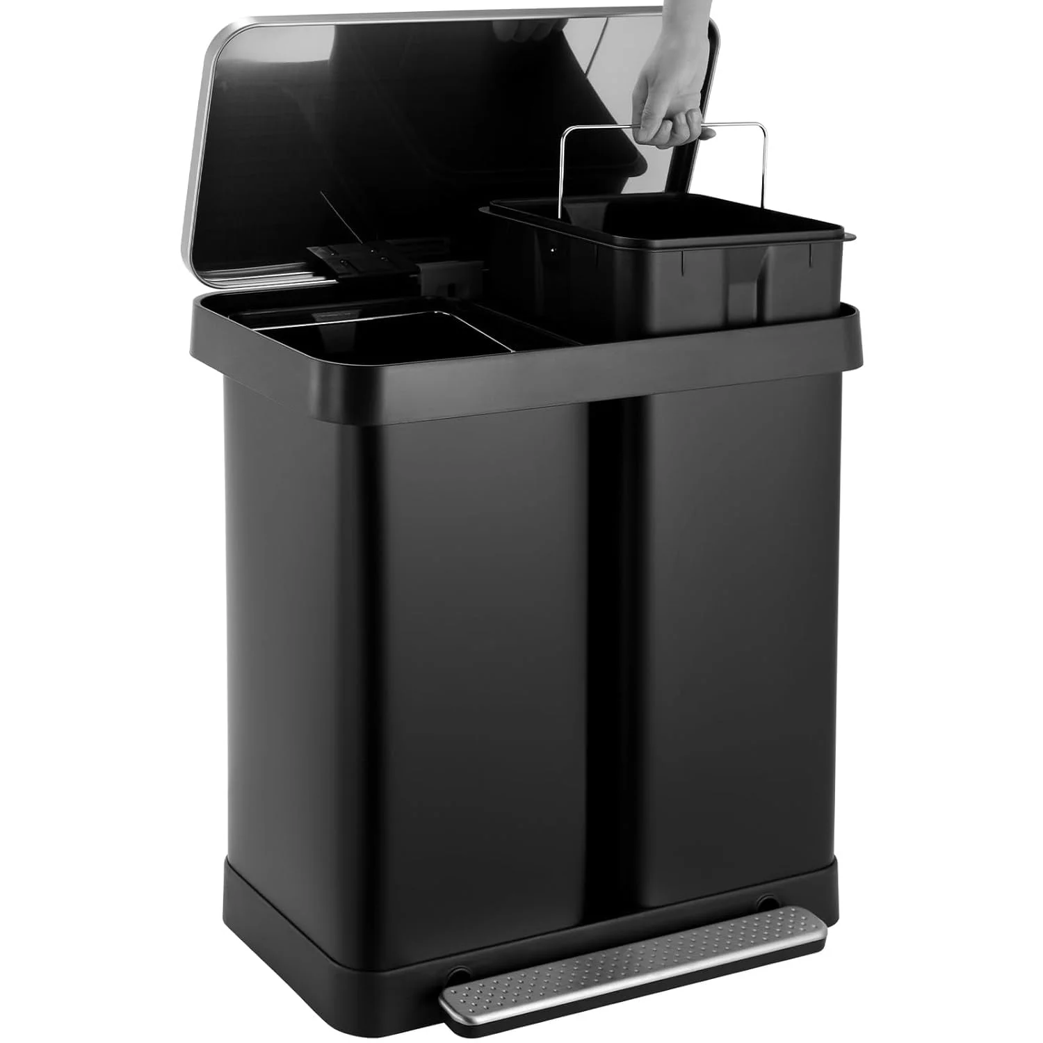 16 Gallon / 60L Dual Trash Can, Stainless Steel Kitchen Garbage Can with Soft-Close Lid, Home Office Classified Recycle Bin(Silver) - Image 10