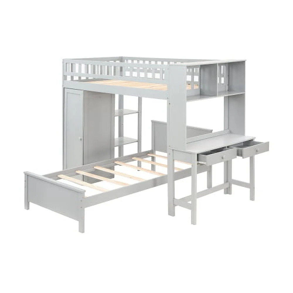 Twin Loft Bed with Closet Desk, Wood Bed Frame with Movable Bed, Bunk Bed for Kids Adult, Gray Image 5