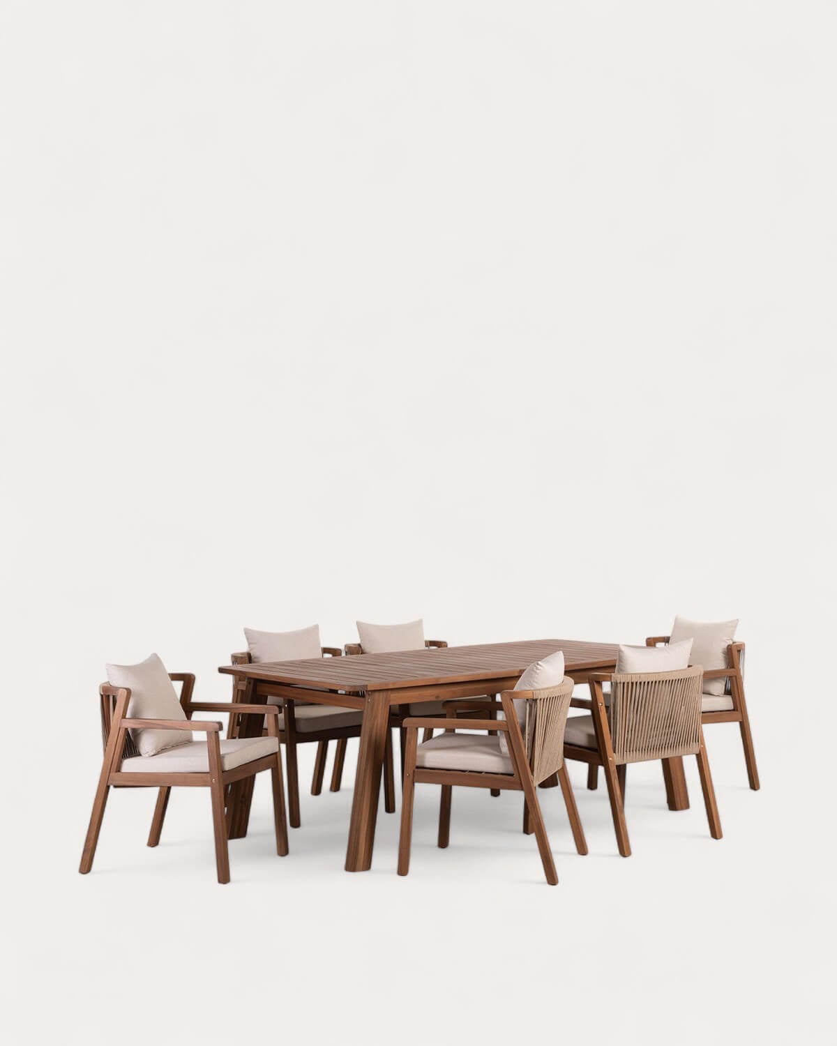 Cael - Set de Mesa Rectangular (200x95 cm) y 6 Sillas con Reposabrazos de Madera de Acacia de Exterior Cael